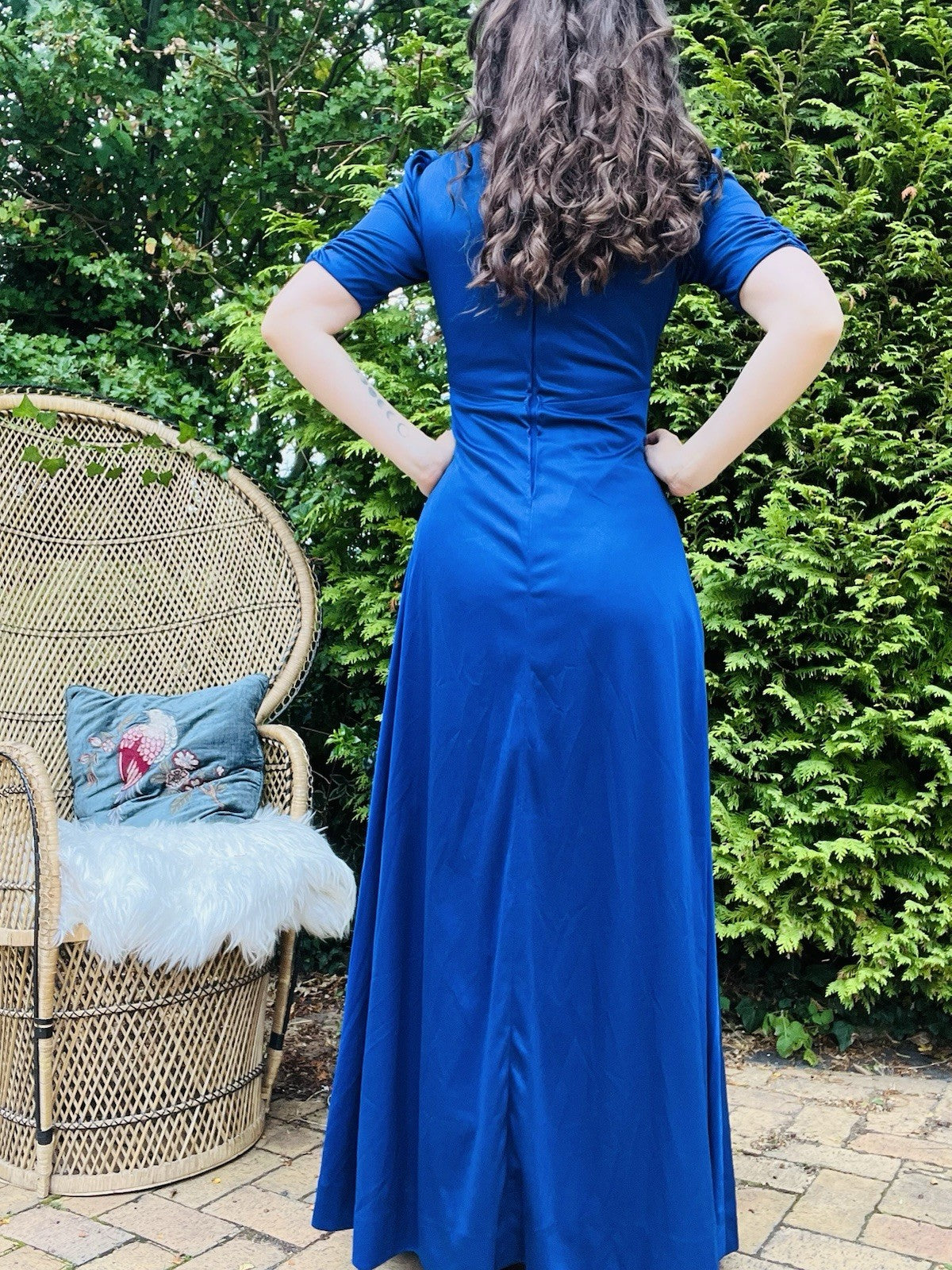 Vintage 1970s Maxi Dress, Short Sleeves Long Length Rouched Bust Dress - Blue 10