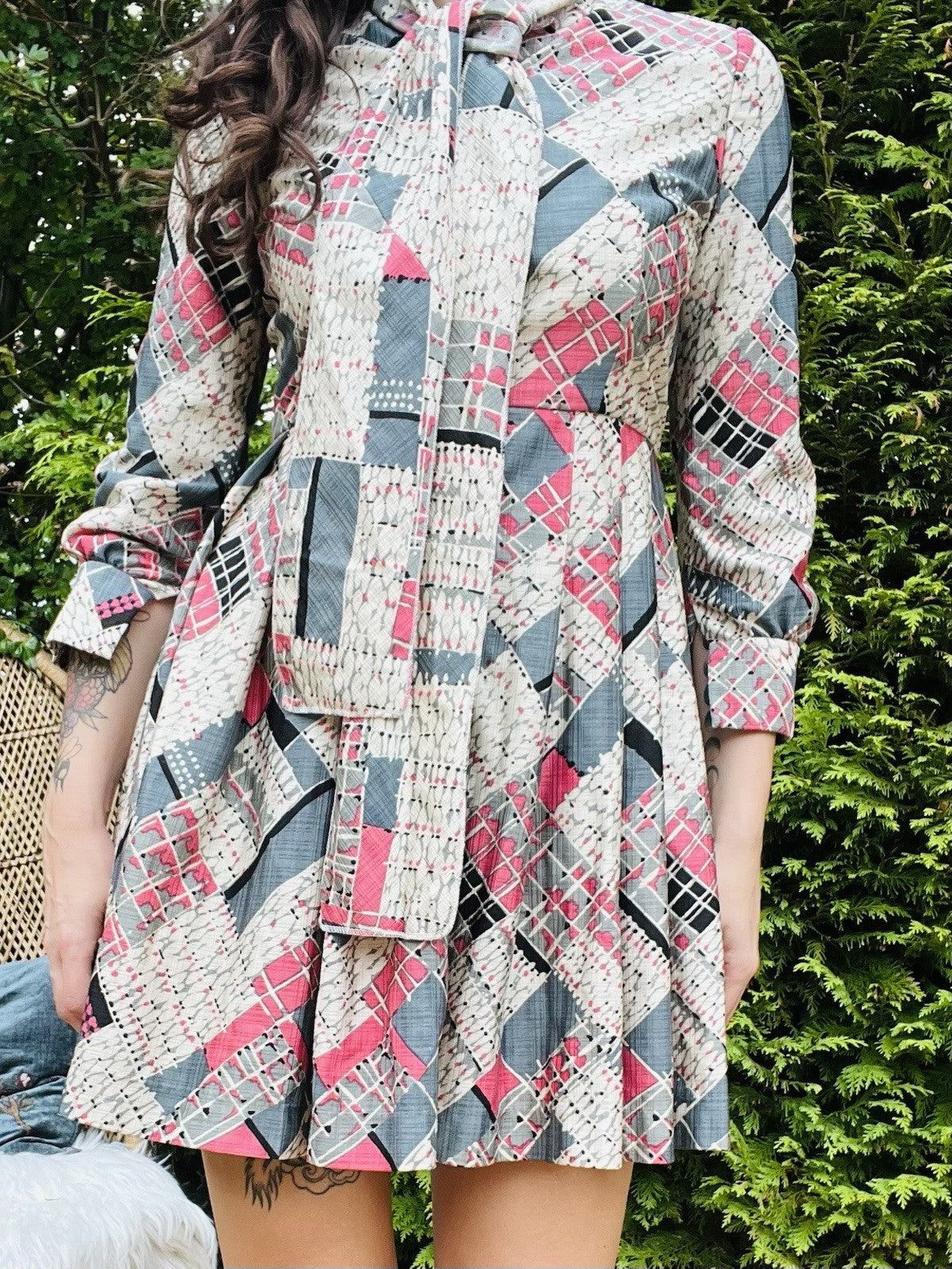 Vintage 1980s Pleated Dress, Short Length With Pussy Bow Tie Collar - Grey 10
