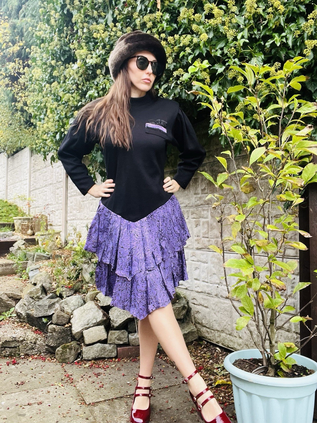 Vintage 1980s Jumper Dress Black Purple Size 16 Long Sleeve Layered Party Dress