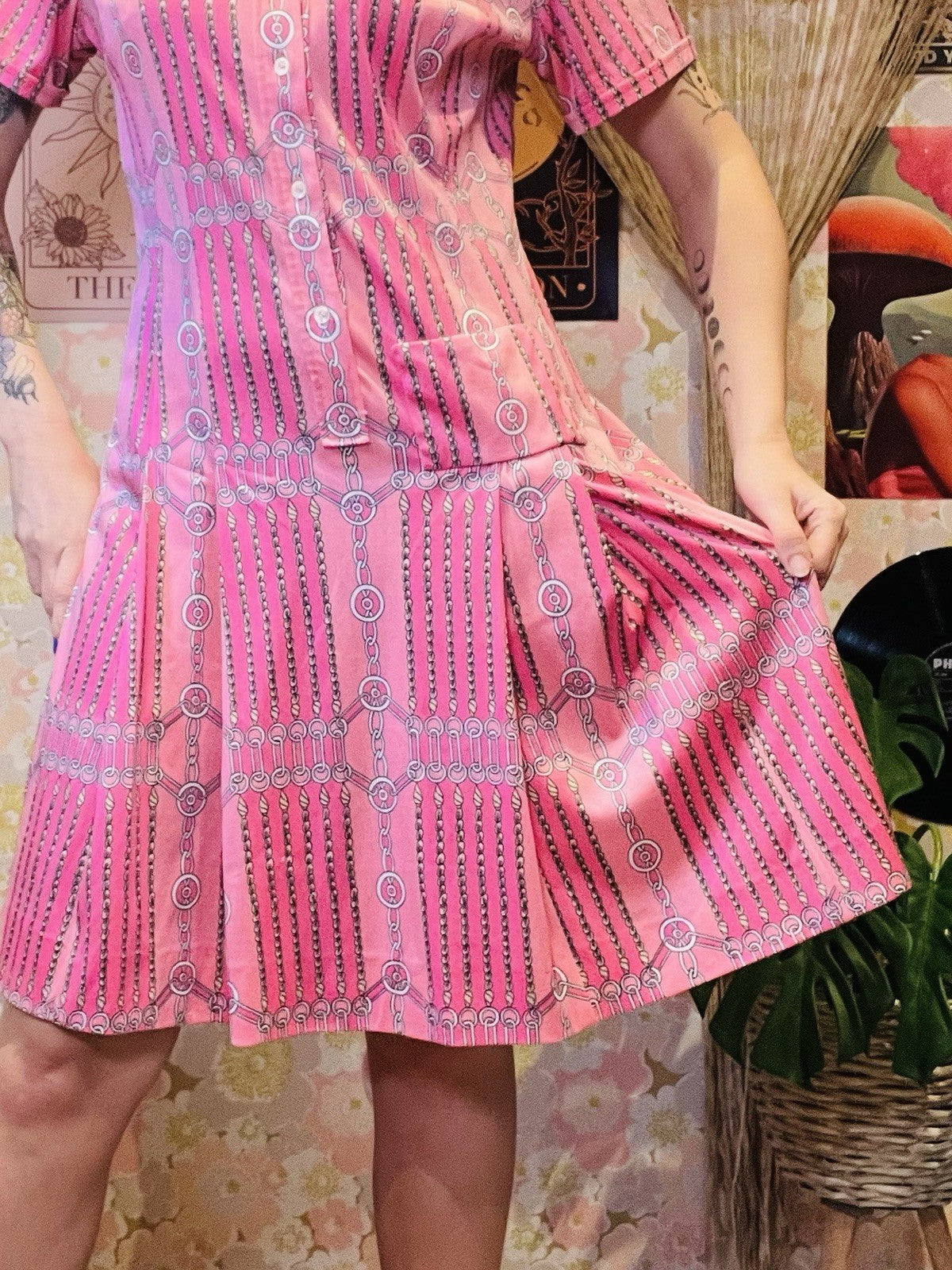 Vintage 1960s Shirt Dress Pleated With Buttons Short Sleeves Fun Retro Pink 14