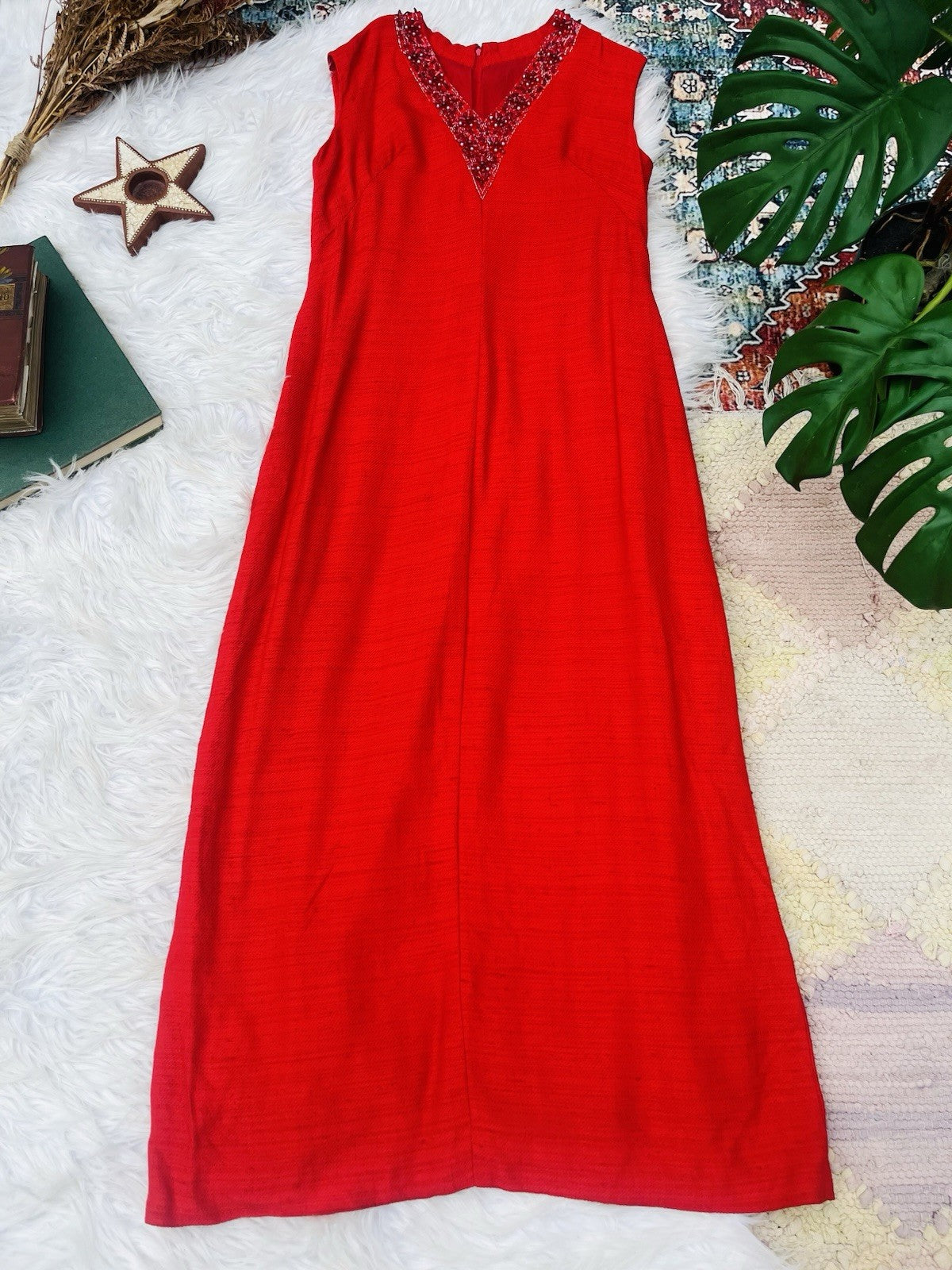 Vintage 1970s Maxi Dress Beaded Embellished Long Retro 70s Dress Red Size 14
