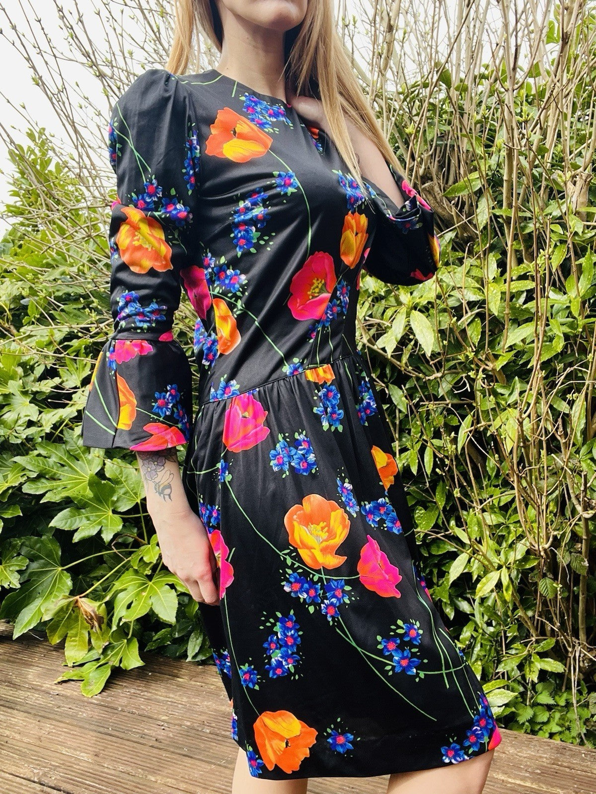 Vintage 1980s Floral Dress Flared Sleeve Assymetric Drop Waist Summer Dress 14