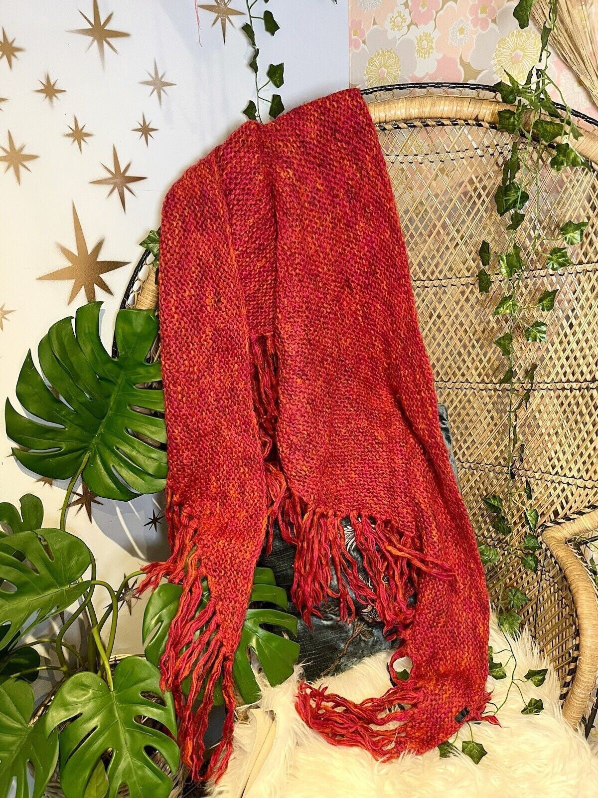 Vintage Knit Crochet Shawl Hippie Boho Triangle Wrap Cape Cottage Whimsy Scarf