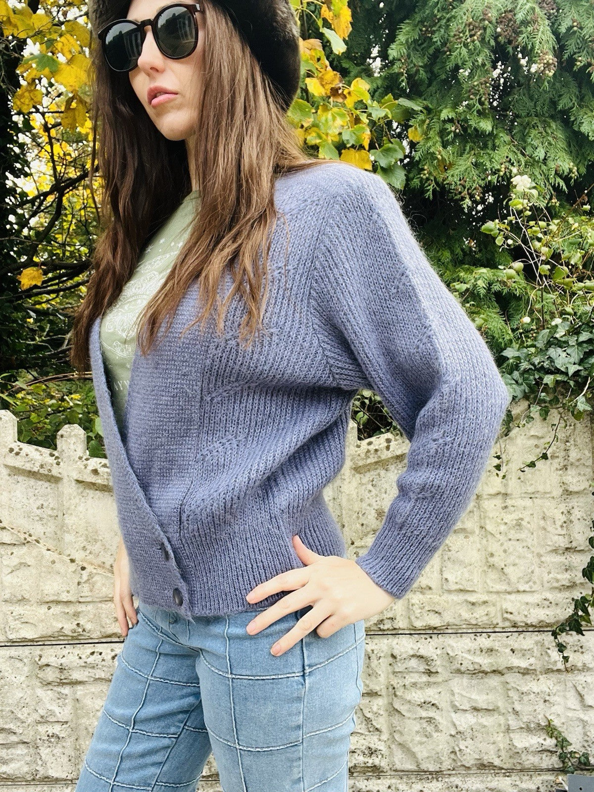 1980s Knit Cardigan Lilac Size 10-12 M True Vintage Lined Winter V Neck Jumper