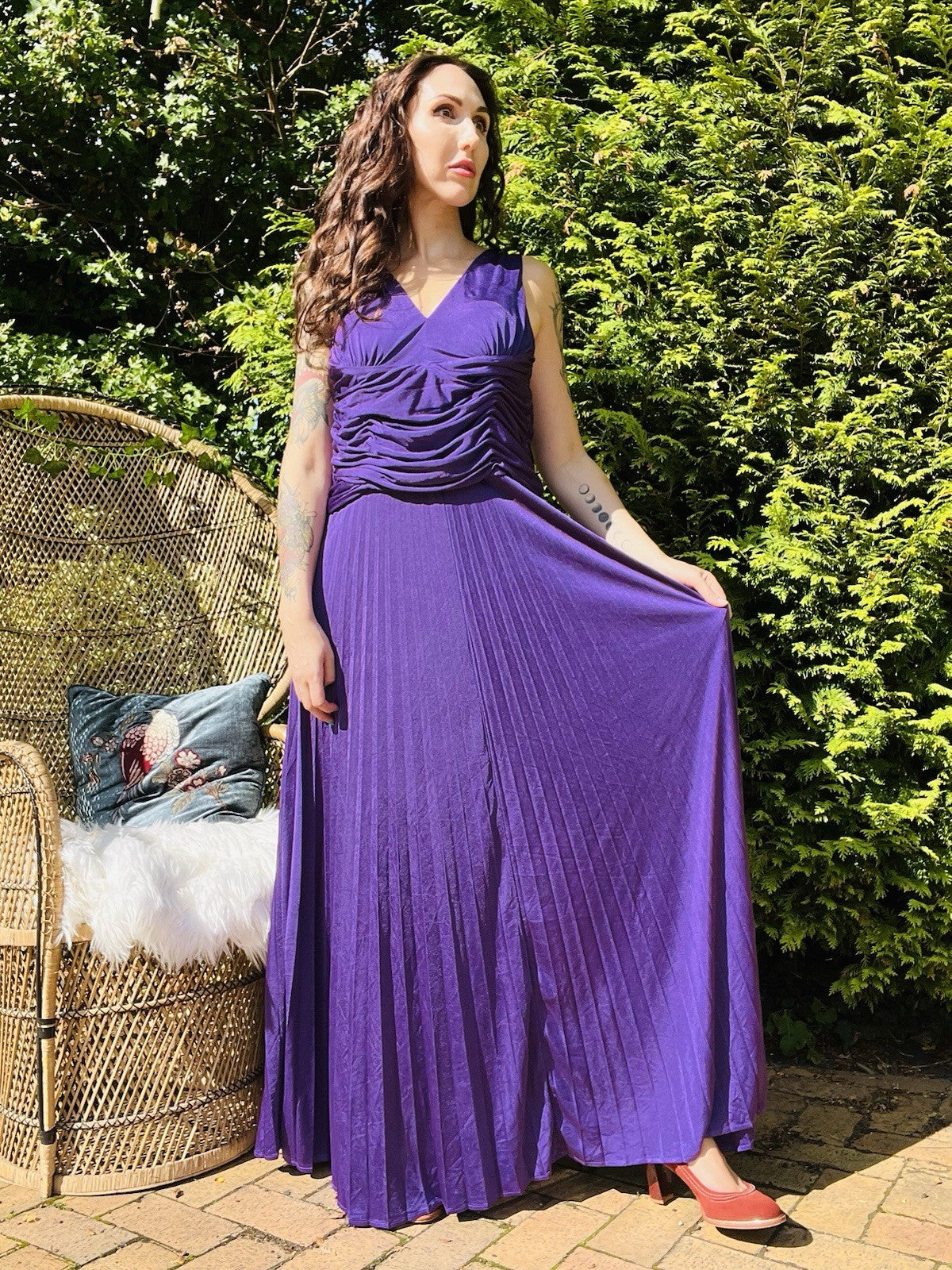 Laura Scott Evening Dress, Long Pleated Ball Gown With Rouched Waist - Purple 14