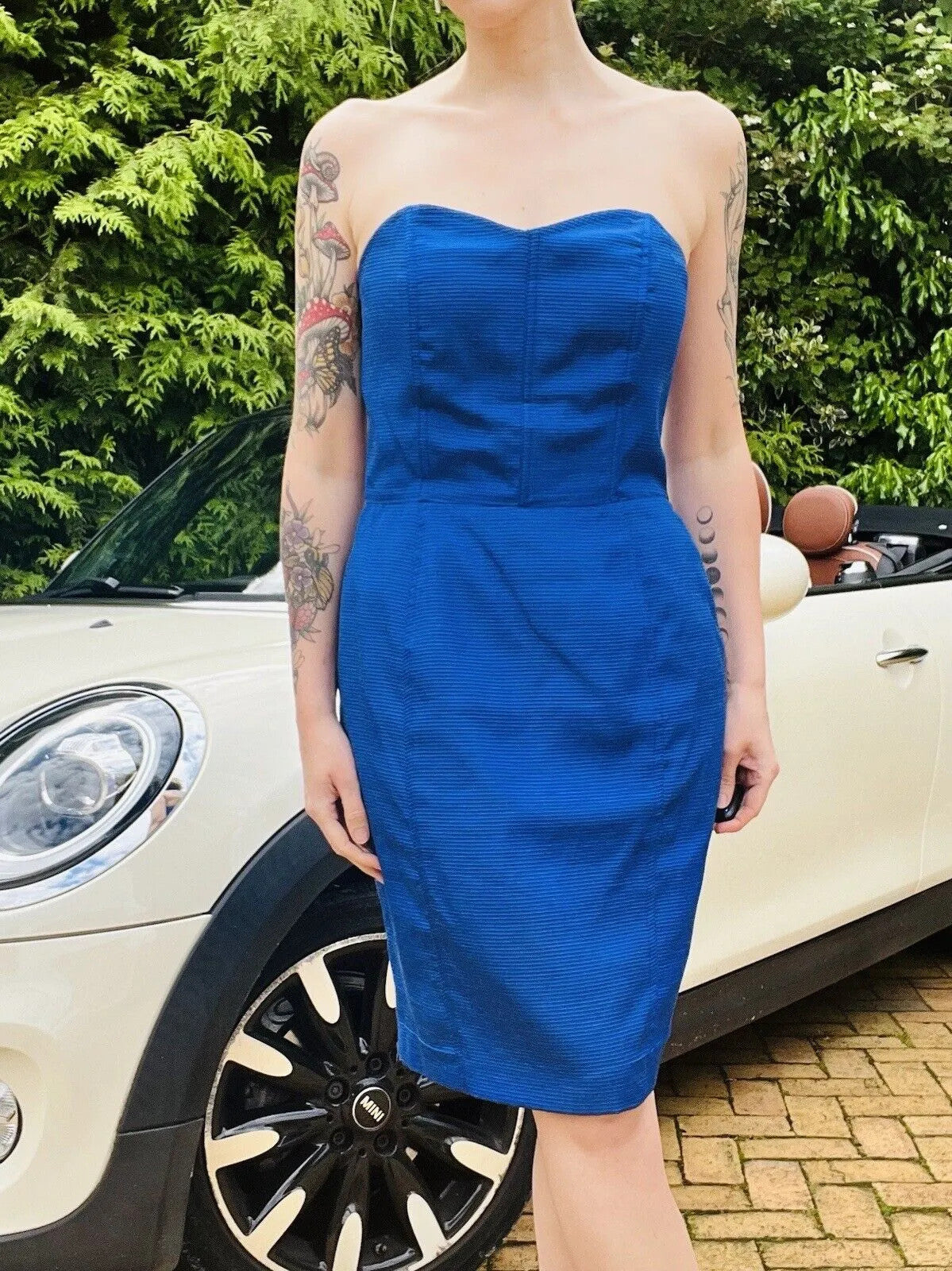 Vintage 1980s cocktail Dress Blue Size 12 L fitted strapless pencil dress