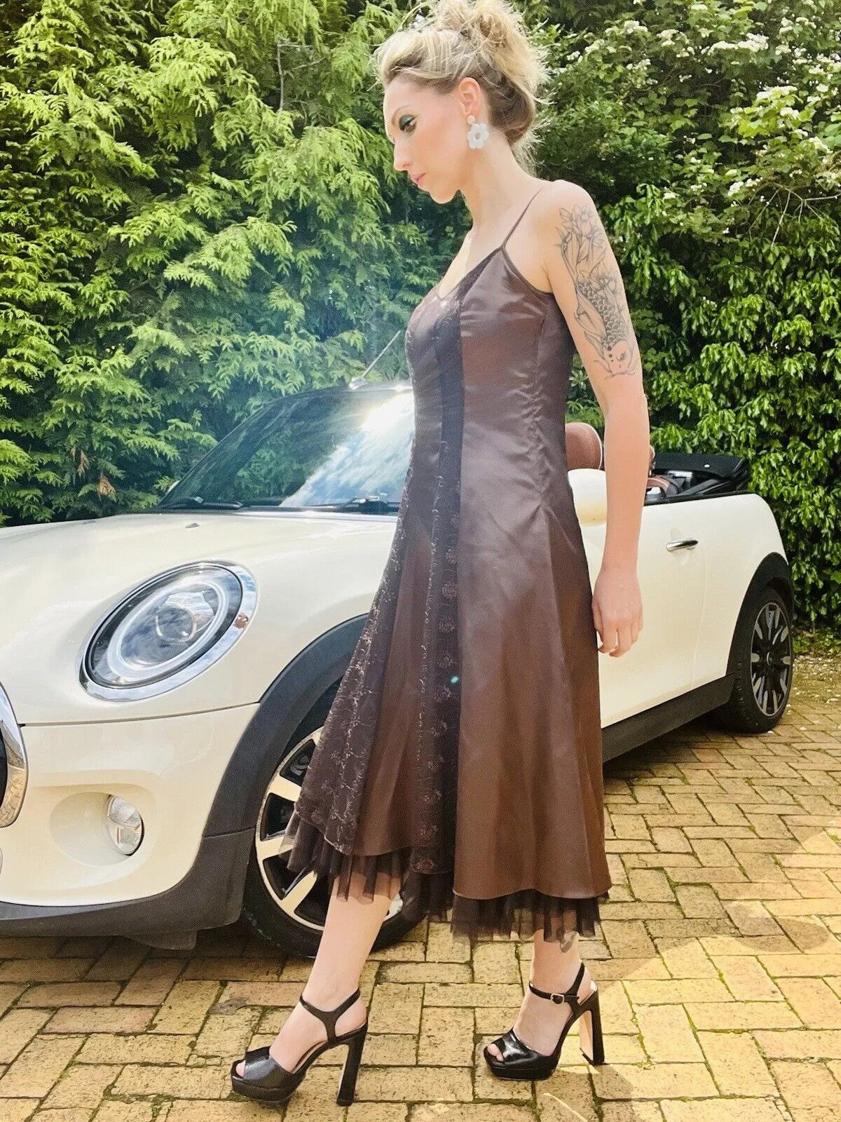 Vintage Y2K strappy Dress brown Size 12 L By Per Una Satin And Lace Whimsigoth