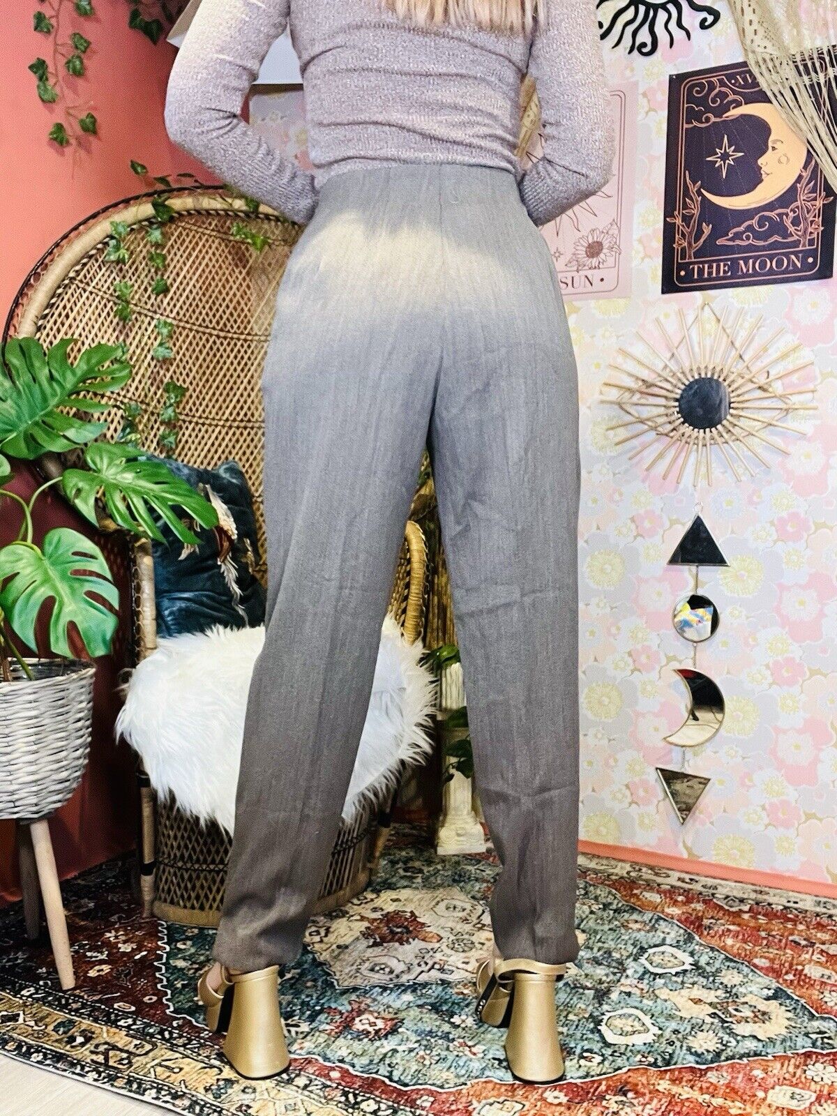 Vintage 80s Work Trousers By St Michael Tailored Tapered Long Leg Grey/beige 10