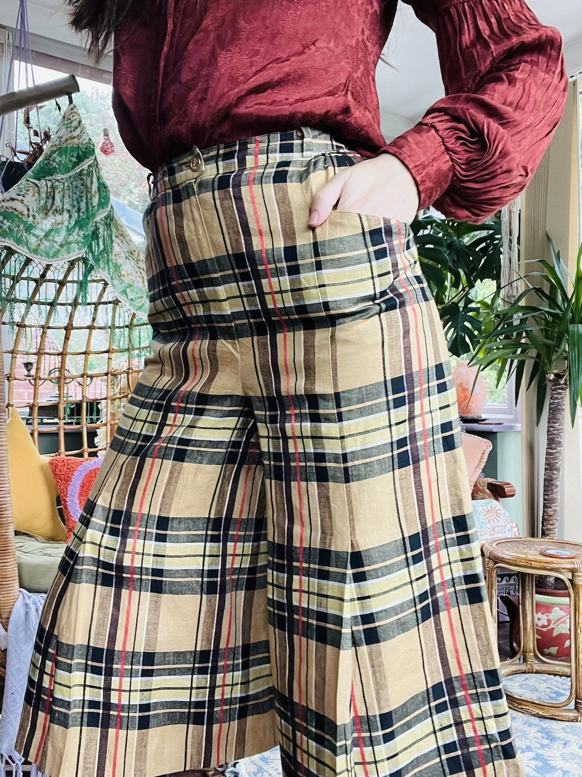 Vintage Tartan Culottes, Check Plaid Long Wide Leg Shorts By Eva Donna Size 8