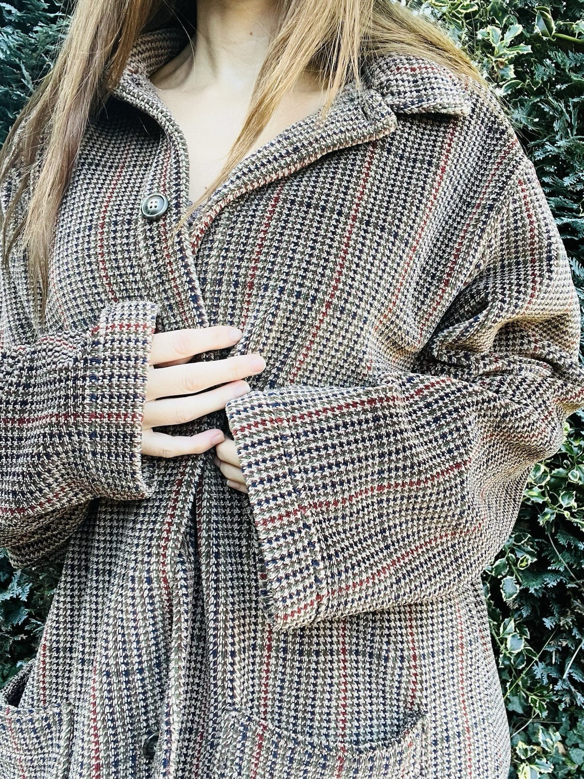 Vintage 80s Fleece Jacket, St Micheal Check Dogtooth Houndstooth Fluffy Coat XL