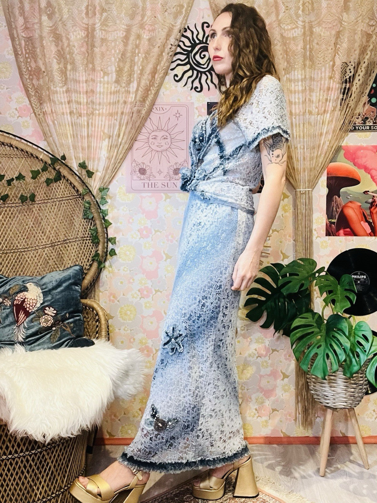 Vintage 90s Two Price Coord Set Maxi Skirt Sand T-shirt Top Frayed Denim Look 14