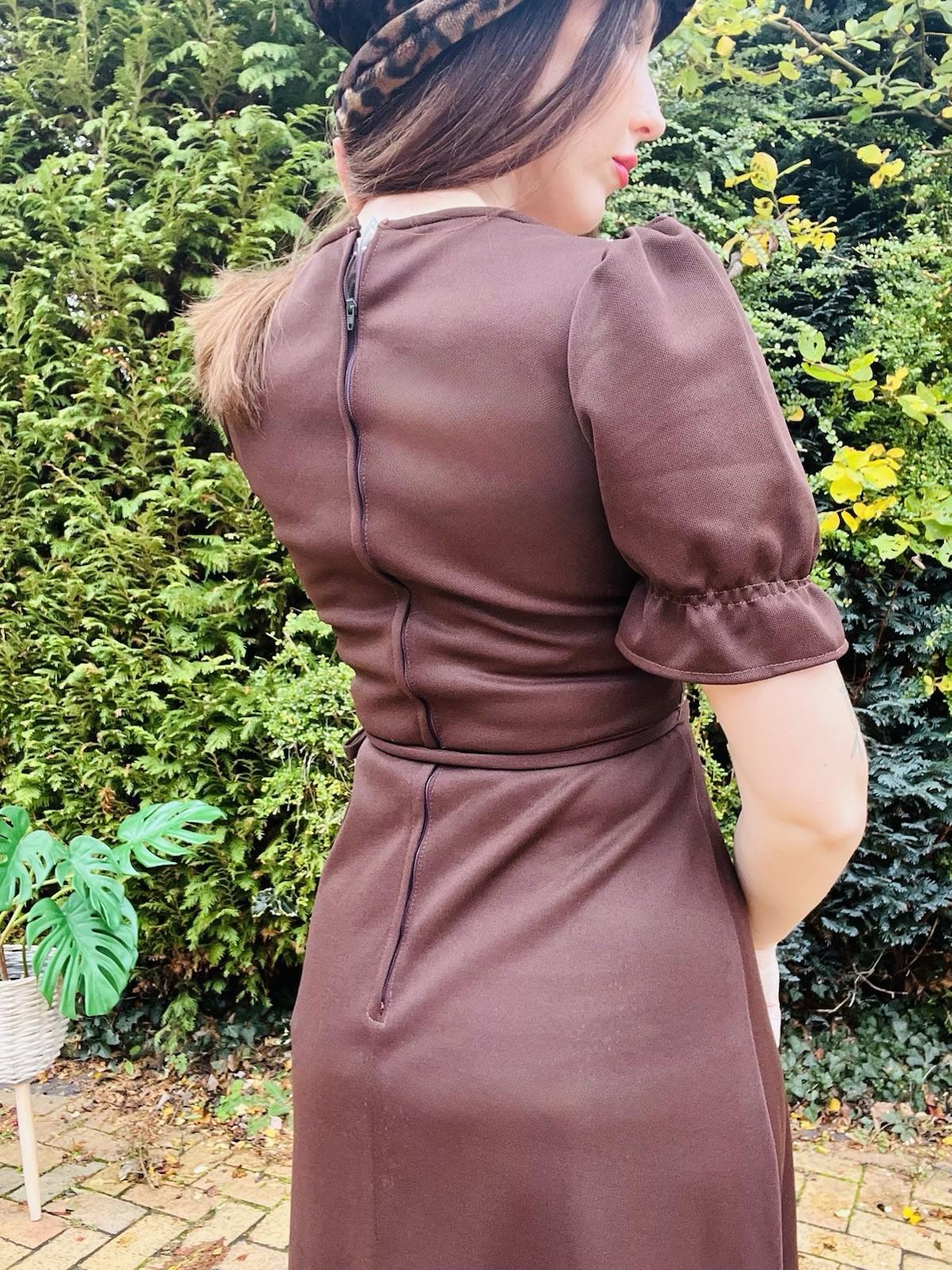 Vintage 1960s Maxi Dress Size 10 Brown With Tie Waist And Retro Gold Detail