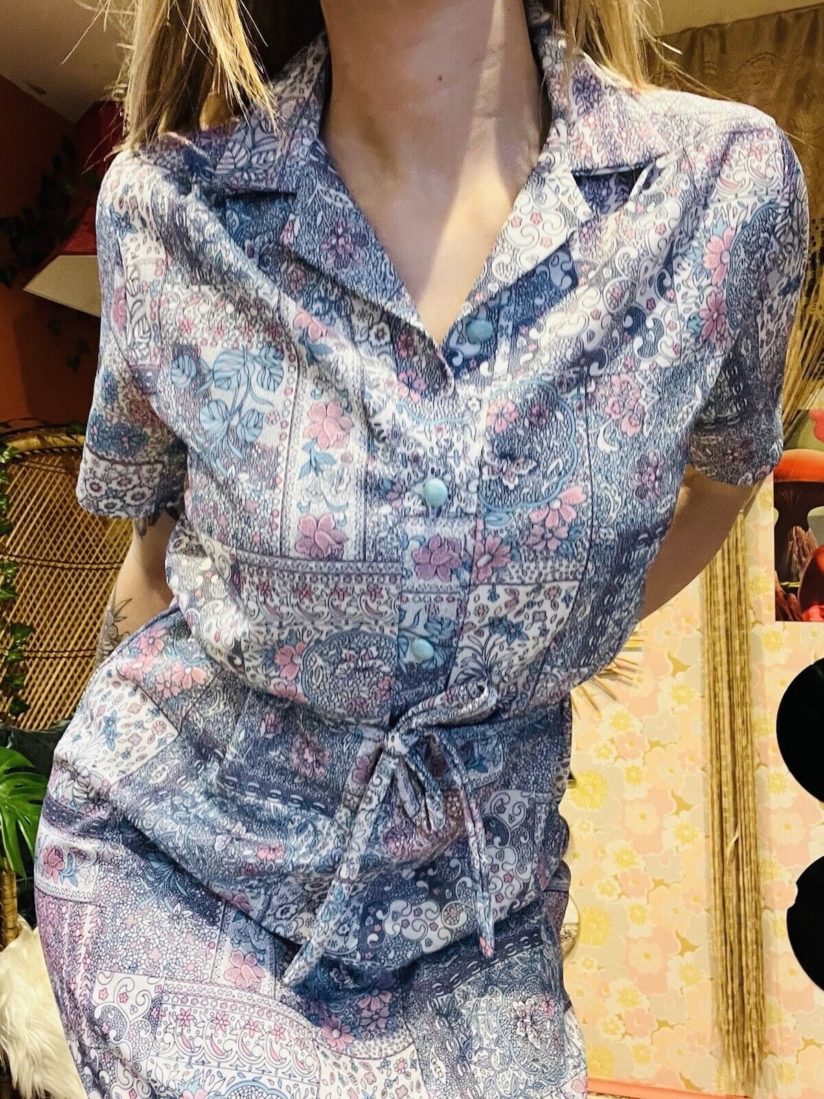 Vintage 1960 Shirt Dress Short Sleeve Floral Paisley Sumner Dress Tie Waist 14