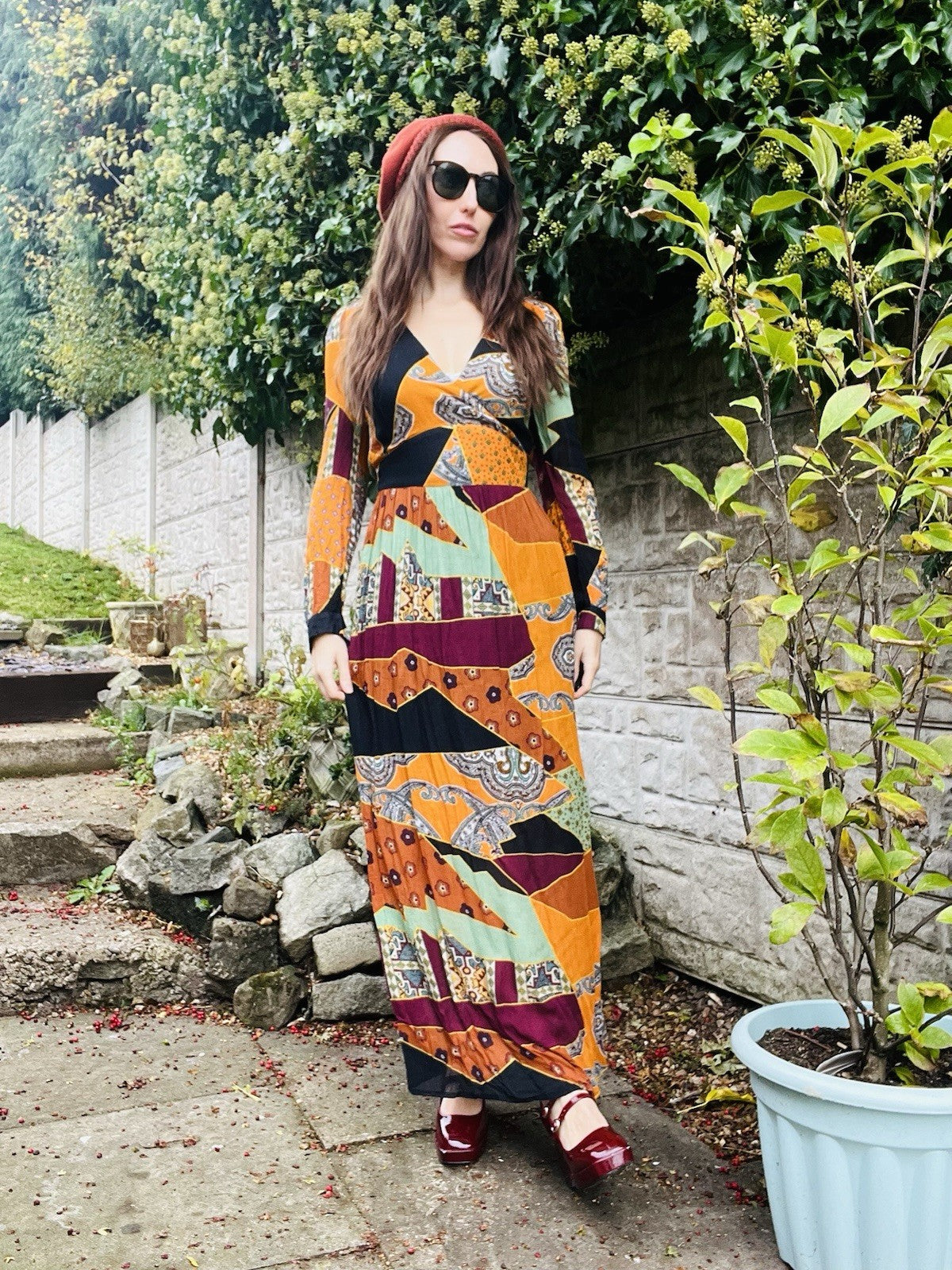 Long Sleeved Maxi Dress By Reserved Size 8-10 Orange Boho Hippie Retro Style