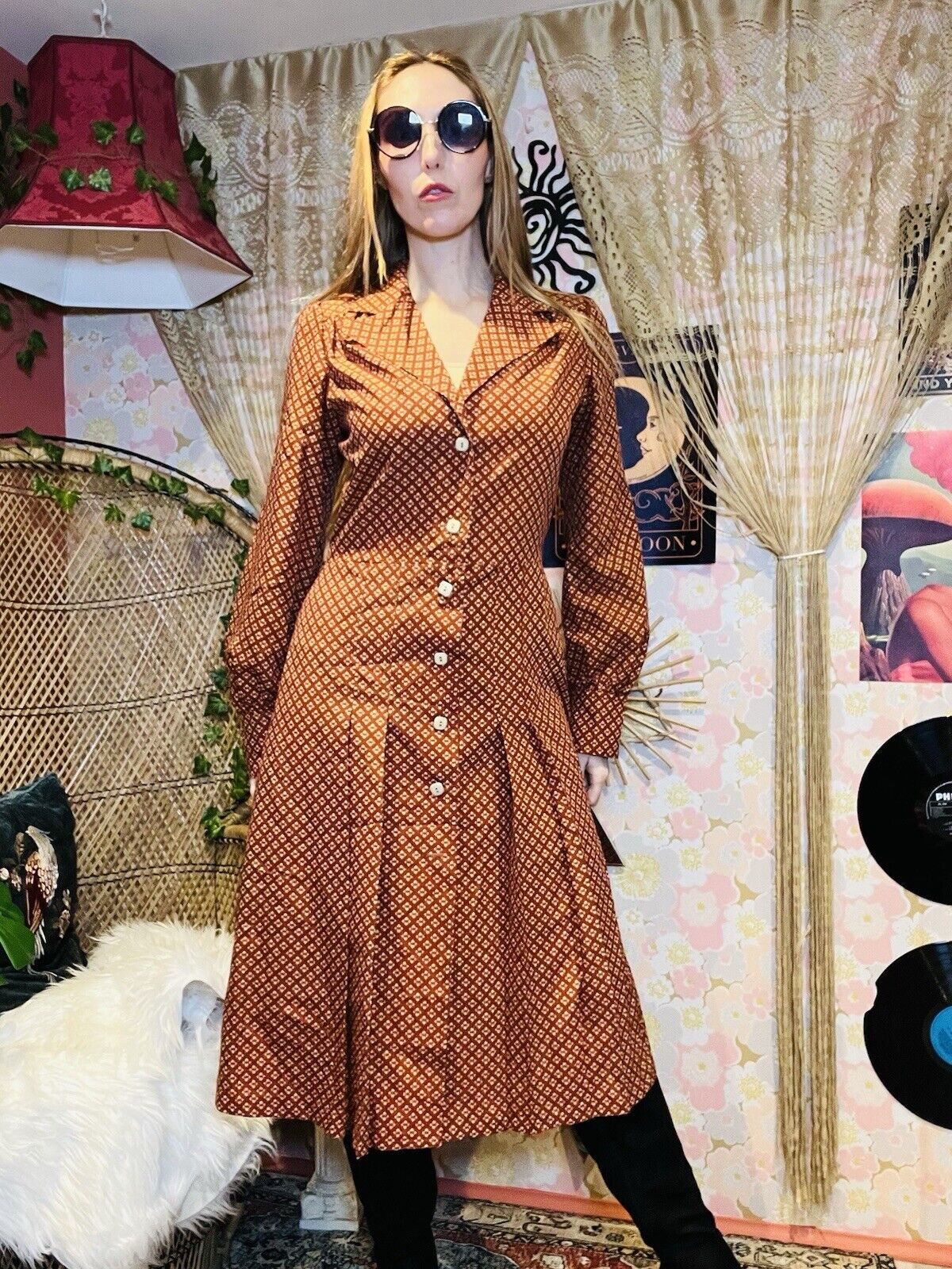 Vintage 1970s Shirt Dress Pleated A Line Collared Long Sleeves Office Work 12