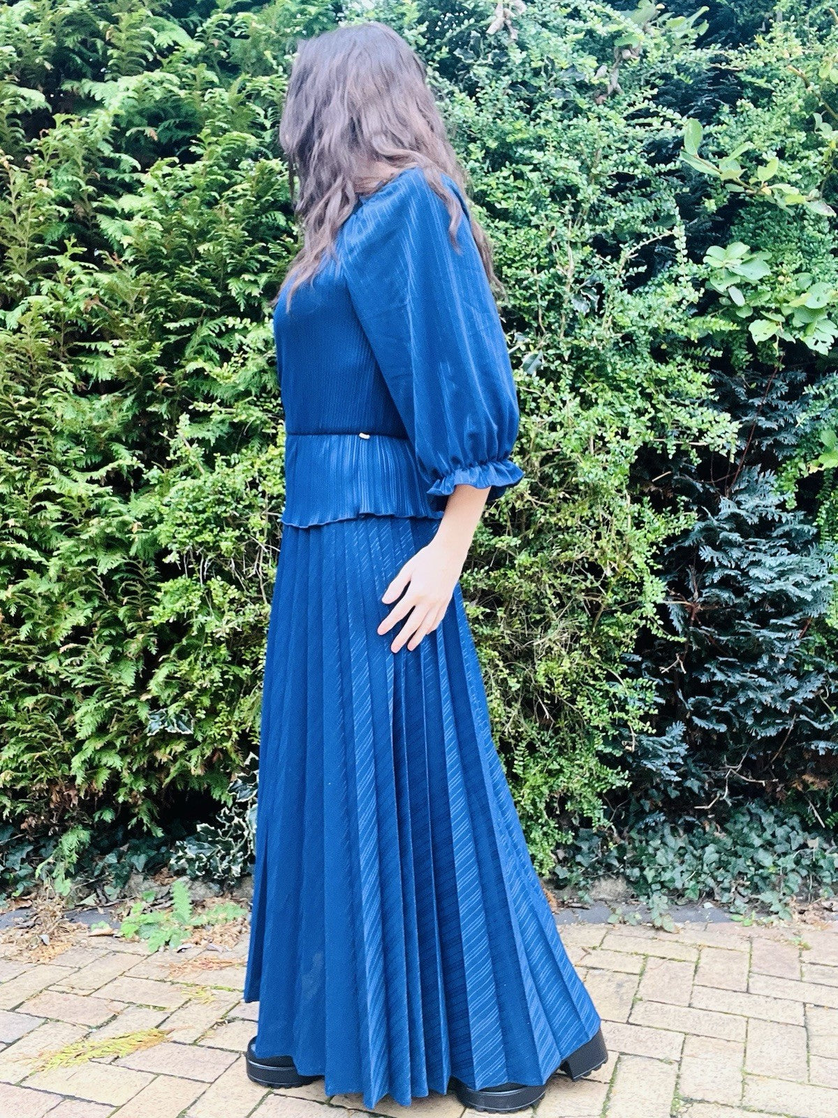 Vintage 1980s Peplum Dress Long Maxi Pleated Dress, Balloon Sleeves, 18-20