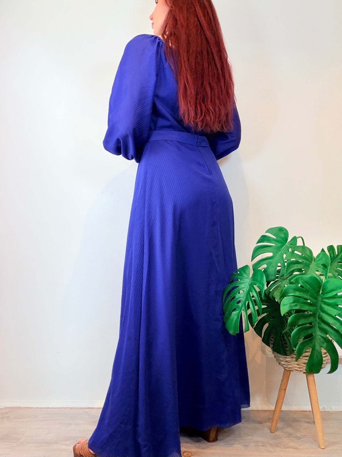 Vintage 1970s Maxi Dress Blue with Balloon Sleeves and Embellishment Size 12