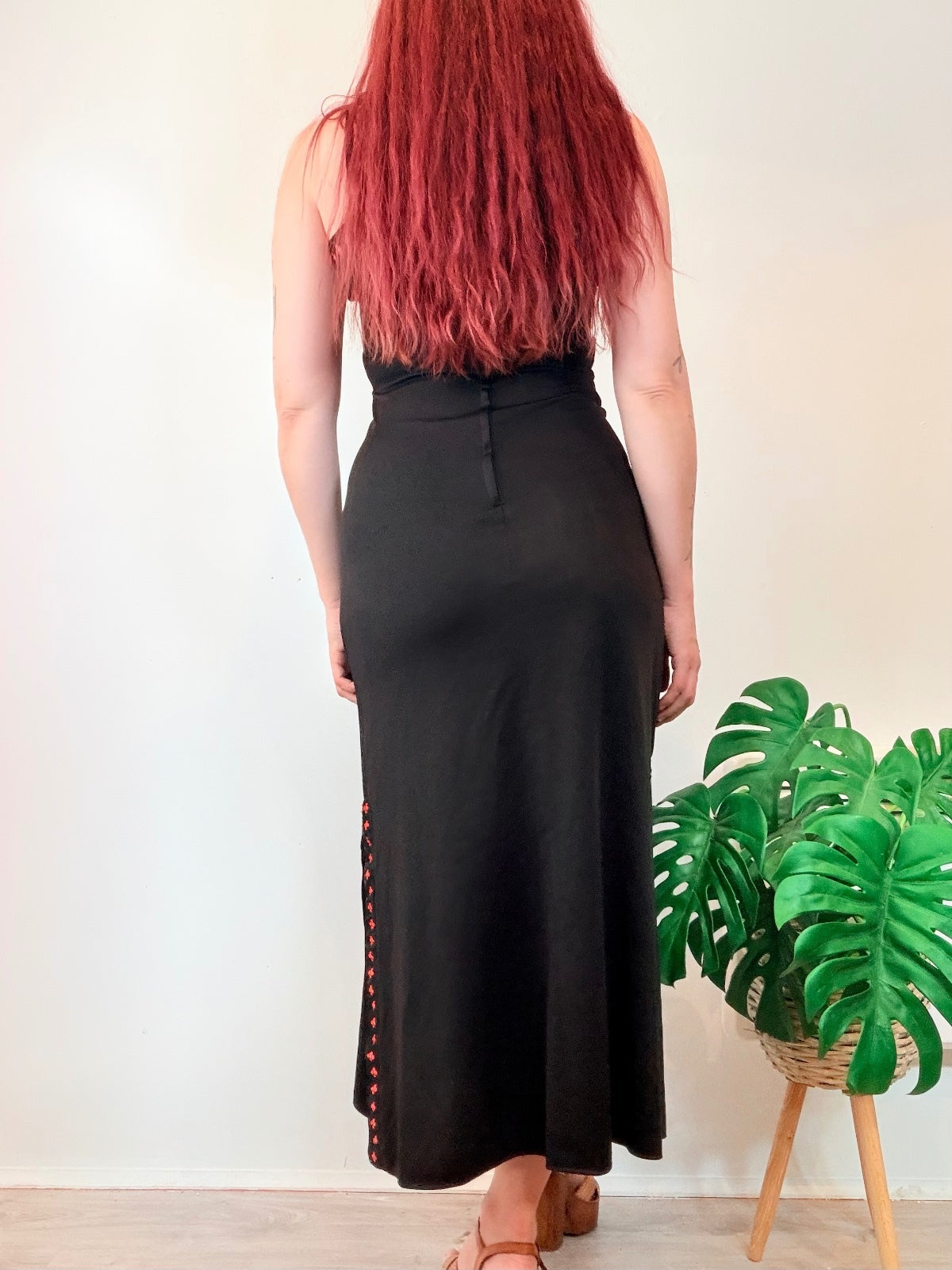 Vintage 1970s Maxi Dress with Red Embroidered Trim and Side Slits Size 8