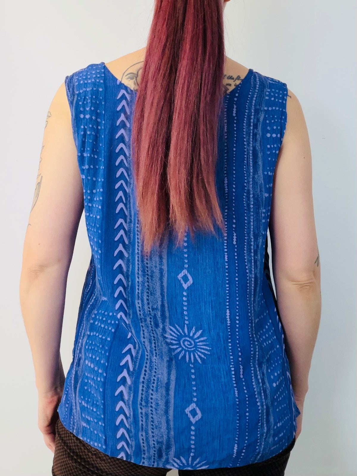 Vintage 1990s Vest Top Blue Sleeveless Patterned Summer Blouse by Dash Size 12
