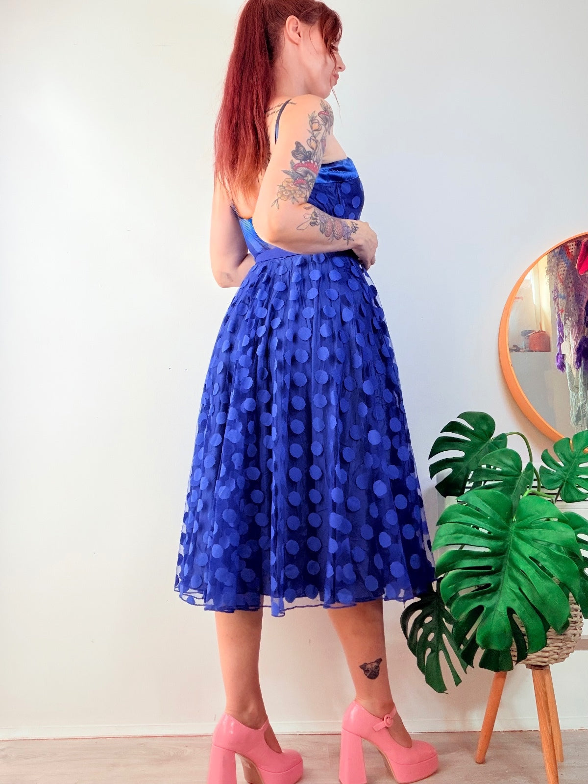 Vintage 1980s Party Dress 1950s Style Blue Polka Dot Rockabilly Size 6 to 8
