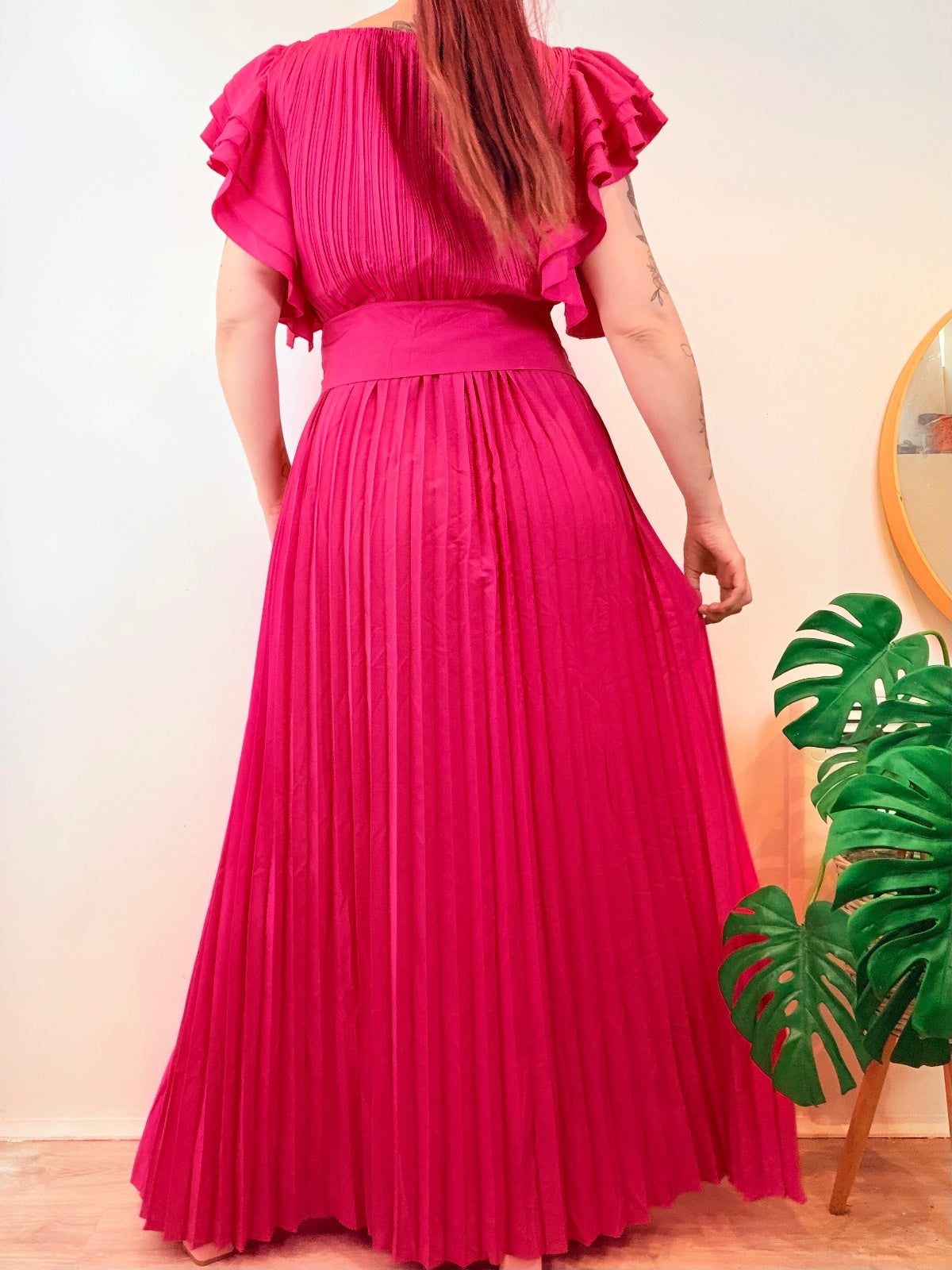 Vintage 1980s Maxi Dress Pleated with Ruffle Sleeves and Waist Tie Size 14