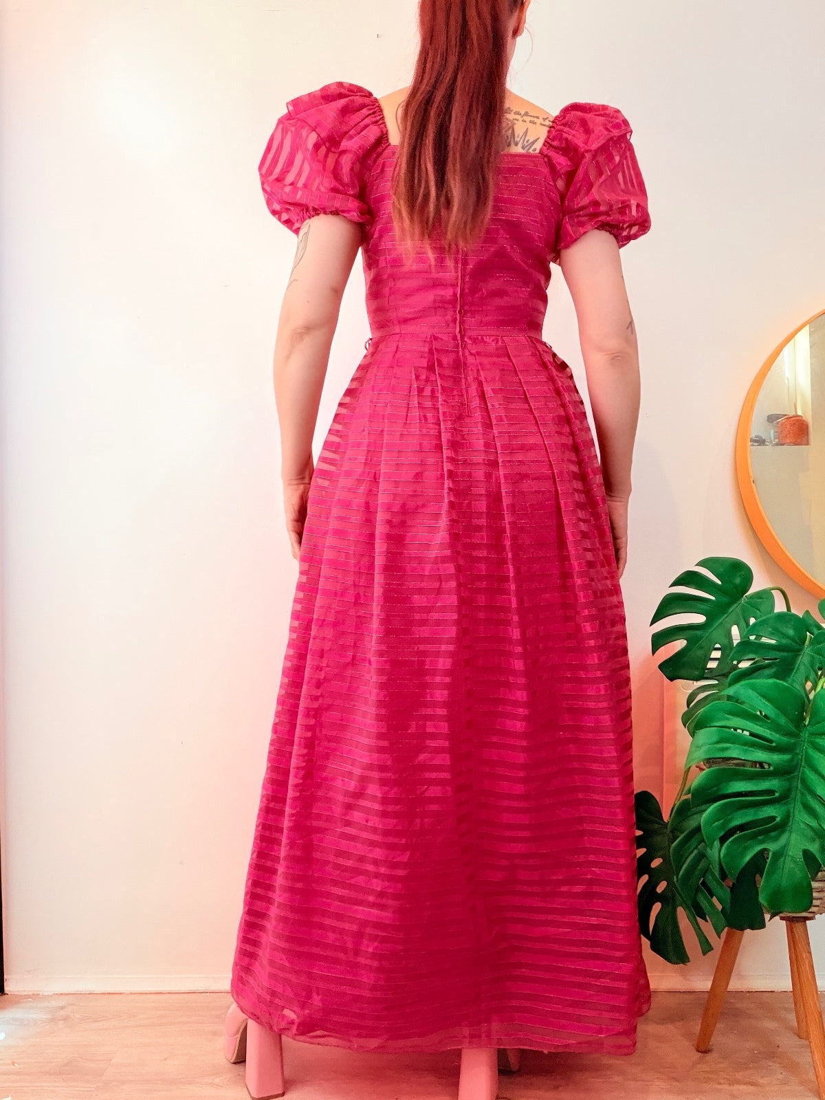 Vintage 1980s Maxi Dress Long Striped Prairie Dress With Puff Sleeves Size 10