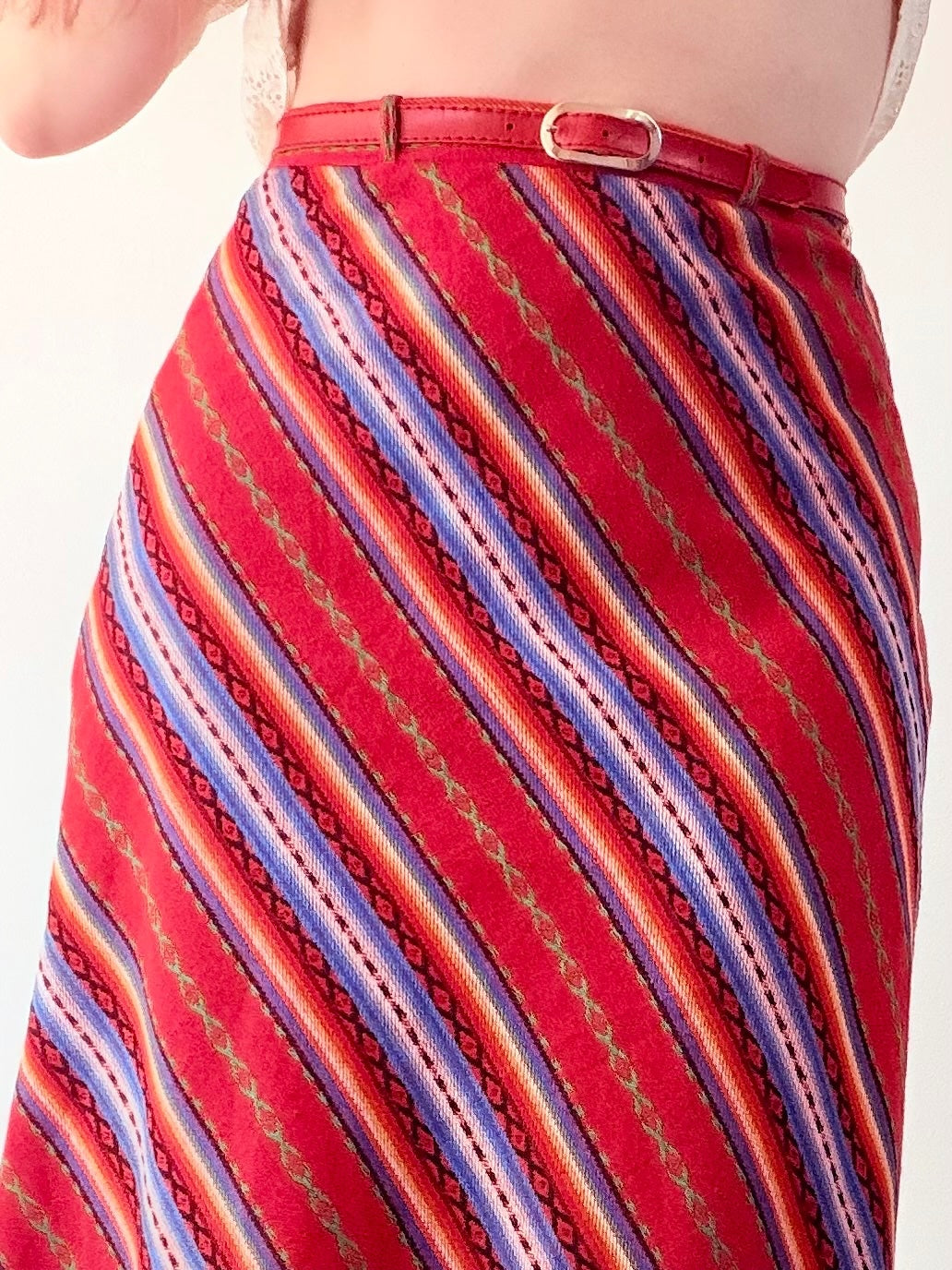 Vintage 1970s Office Skirt Red Striped Midi Skirt with Belt Size 10