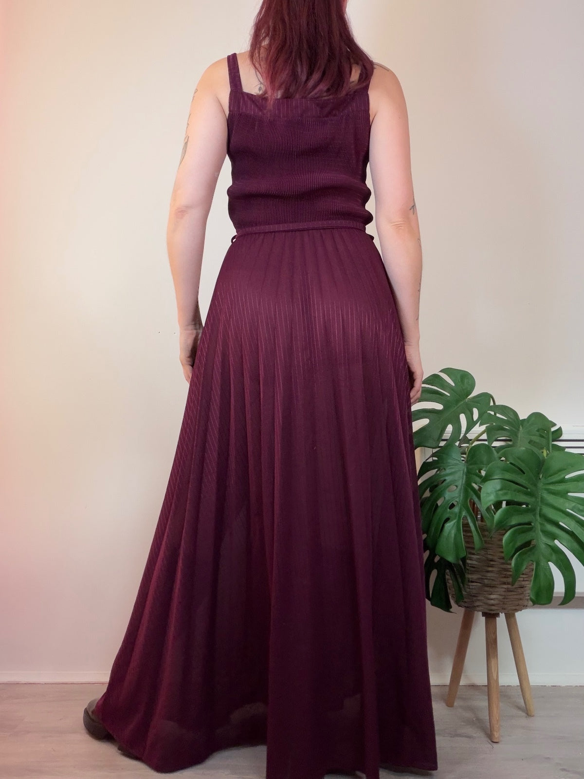 Vintage 1070s Maxi Dress Sheer Burgundy long Dress with Pleated Skirt Size 12 14
