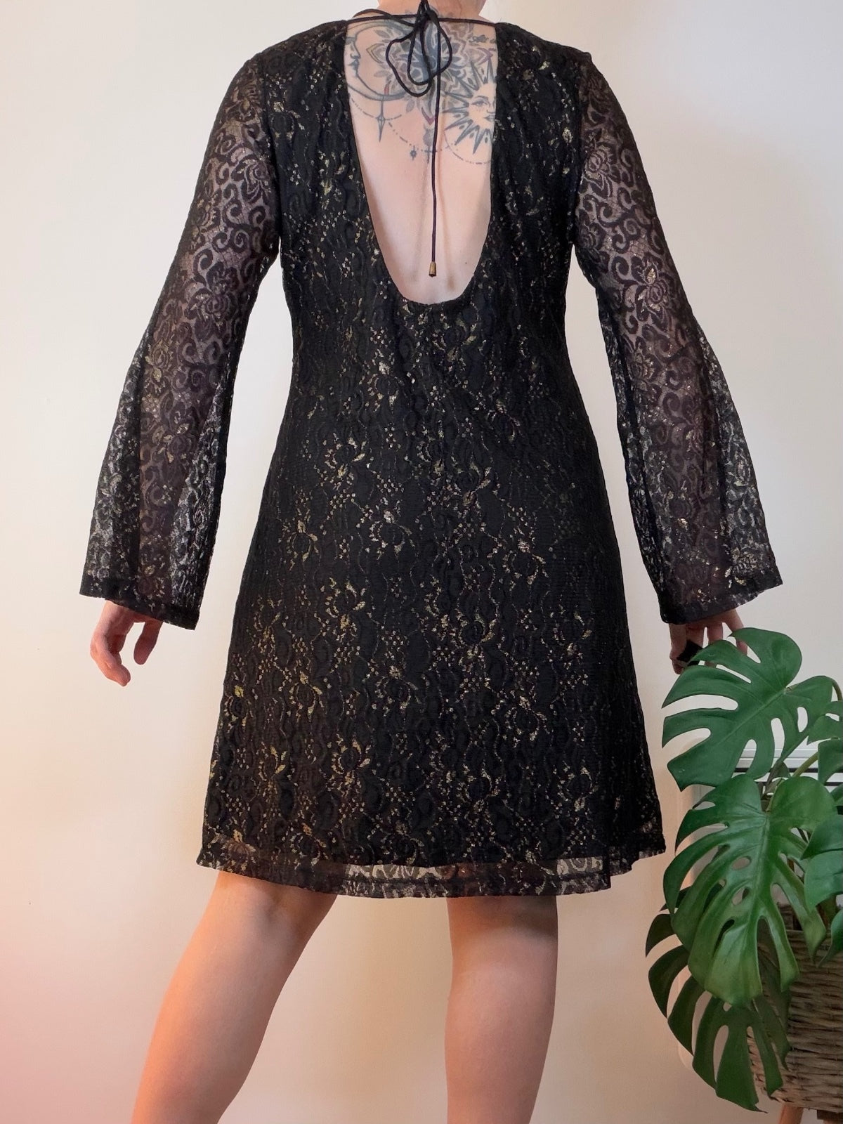 Lace Bell Sleeve Dress with Open Back Black Party Dress Size 14