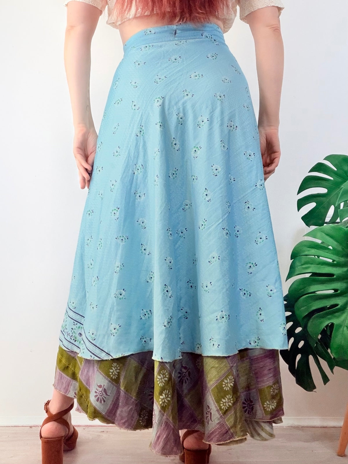 Bohemian Two Layer Wrap Skirt in Blue and Green Handmade Sari Rework free size