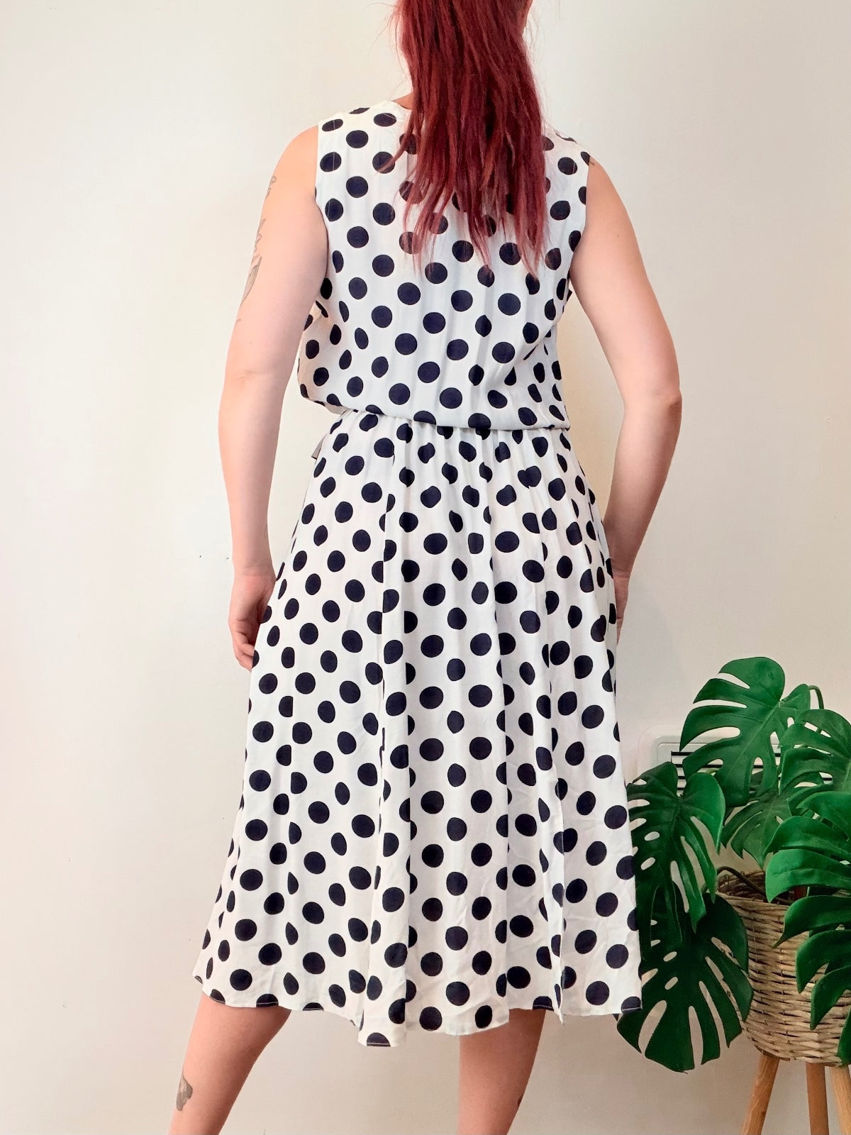 Vintage 1990s Summer Dress Sleeveless Polka Dot Midi Dress with Slits Size 14 16