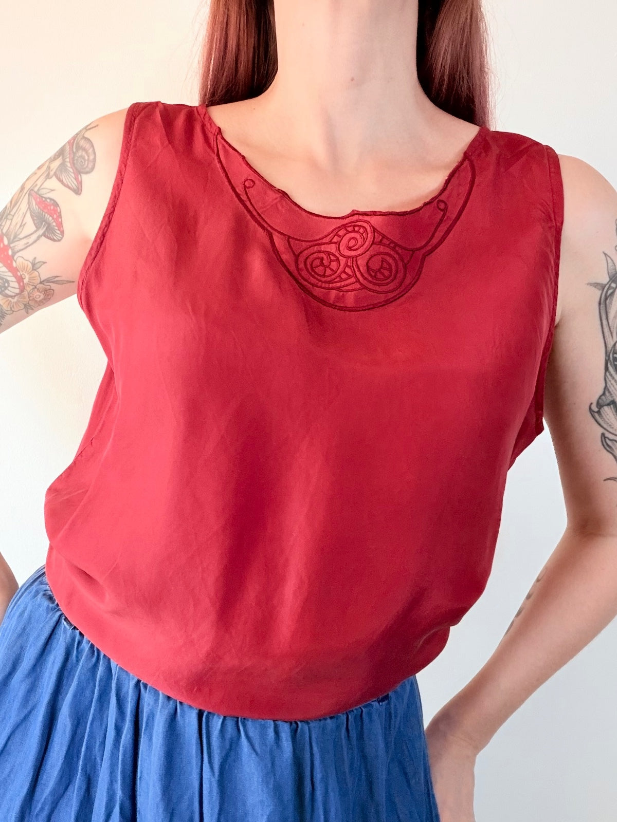 Vintage 1990s Silk Blouse Red Sleeveless Top with Embroidered Neckline Size 14