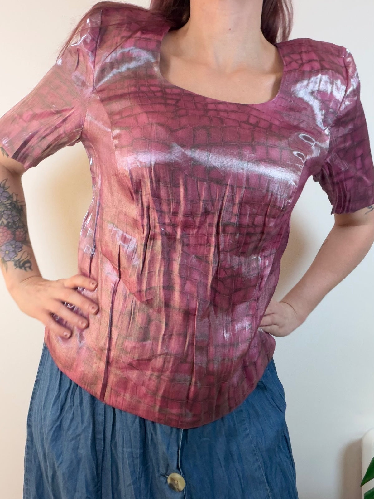 Vintage 1980s Blouse Shiny Pink Crocodile Patterned Top with Square Neck Size 16