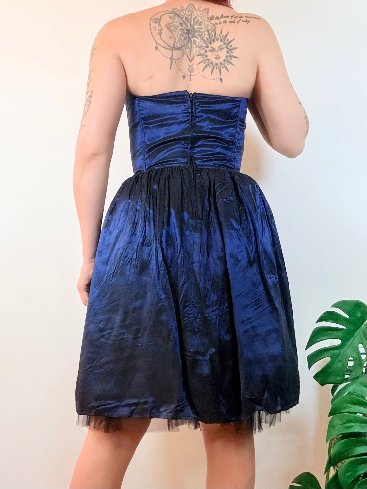 Vintage 1980s Party Dress Navy Blue Satin Like Strapless Prom Dress Size 10