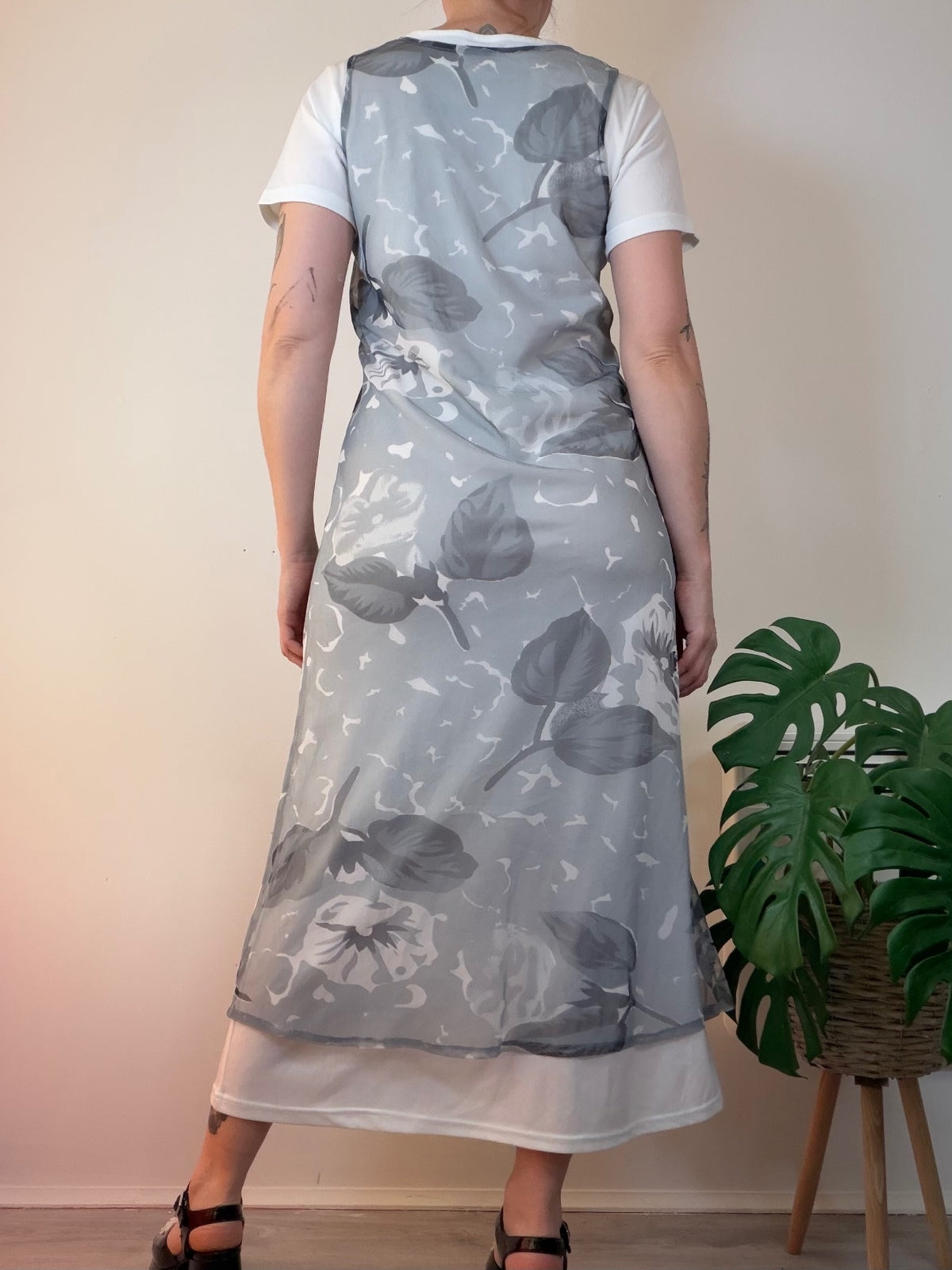 Layered Floral Maxi Dress with Sheer Overlay Grey White Y2K Style Size 14