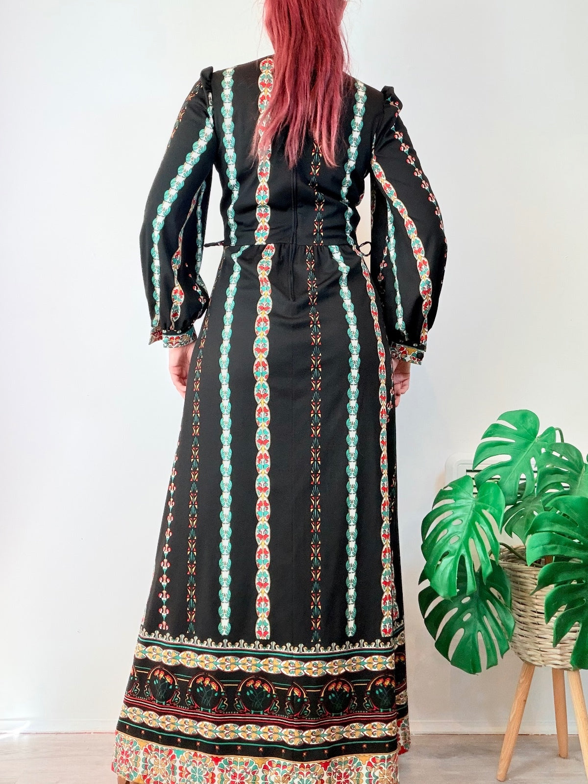 Vintage 1970s Maxi Dress Long Hippie With Stripes and Balloon Sleeves Size 12