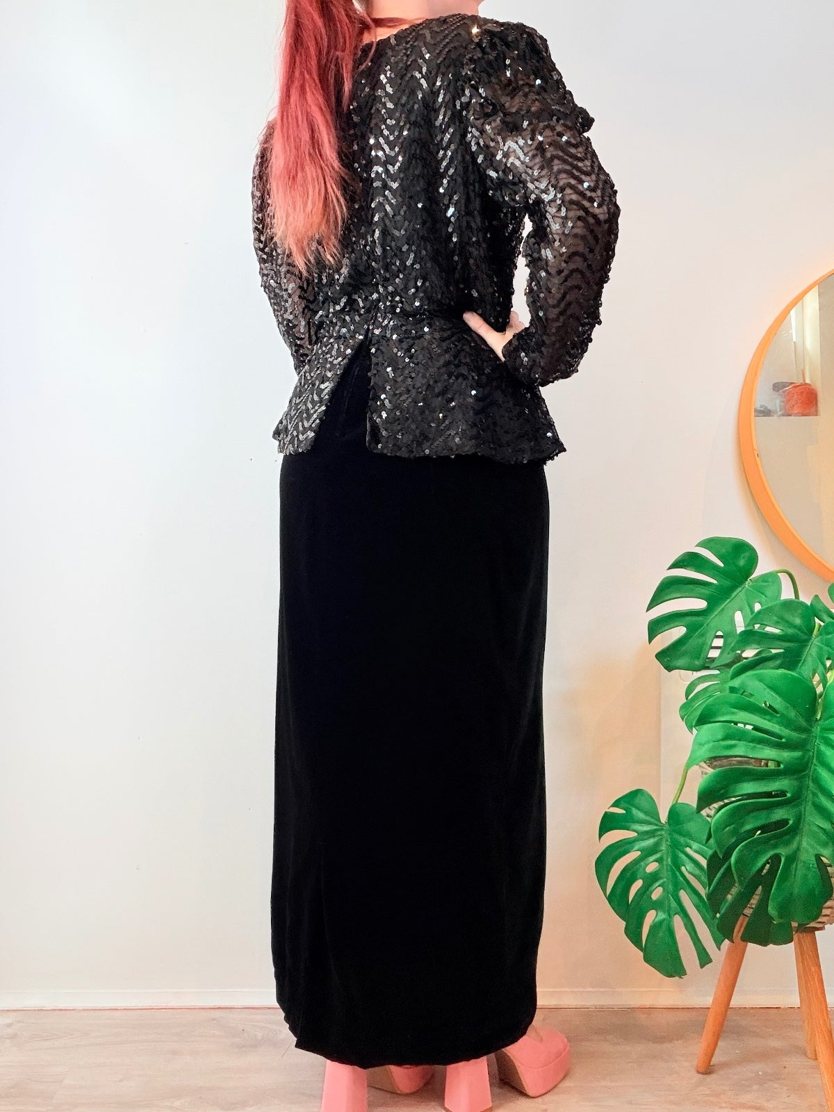 Vintage 1980s Black Dress Sequin Peplum Long Black Velvet By Vera Mont Size 14
