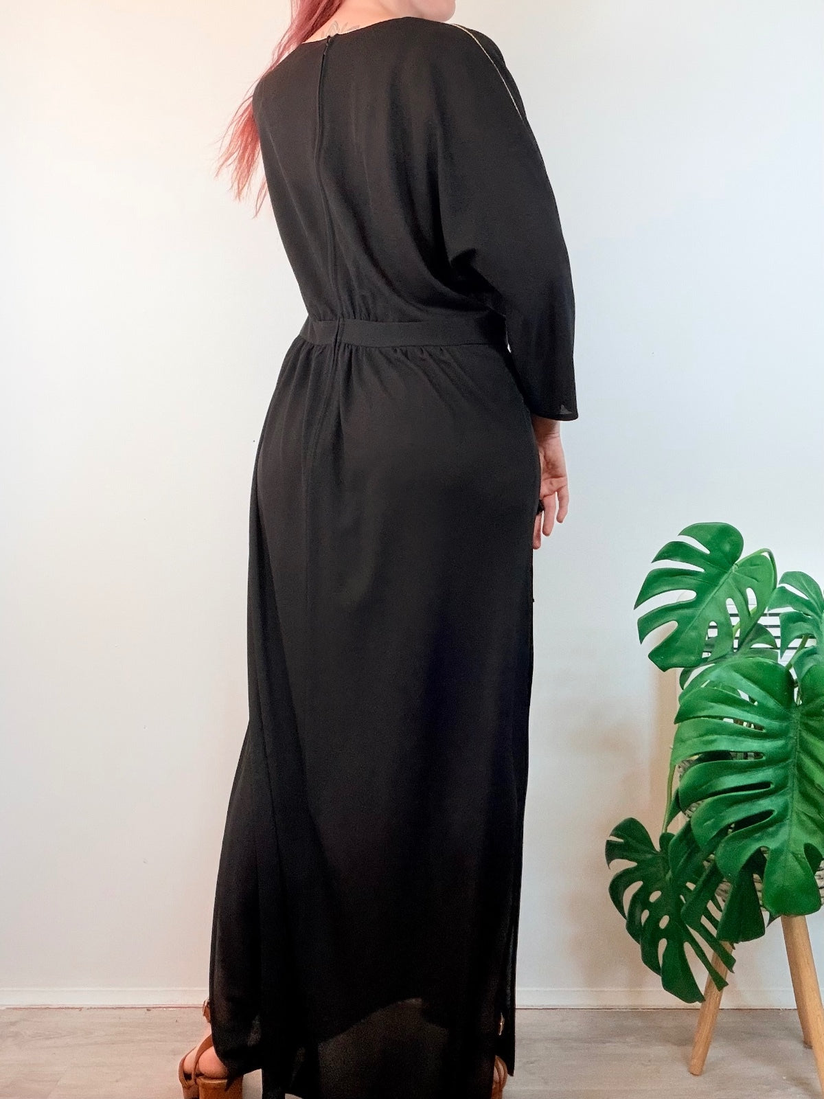 Vintage 1980s Maxi Dress with Gold Sequin Waist Detail and Side Slit Size 18 20