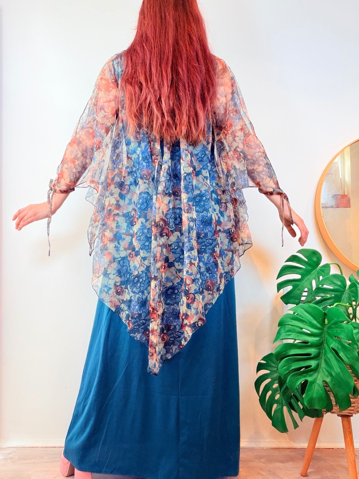 Vintage 1970s Maxi Dress With Flared Sleeves and Floaty Cape Hippie Boho Size 14