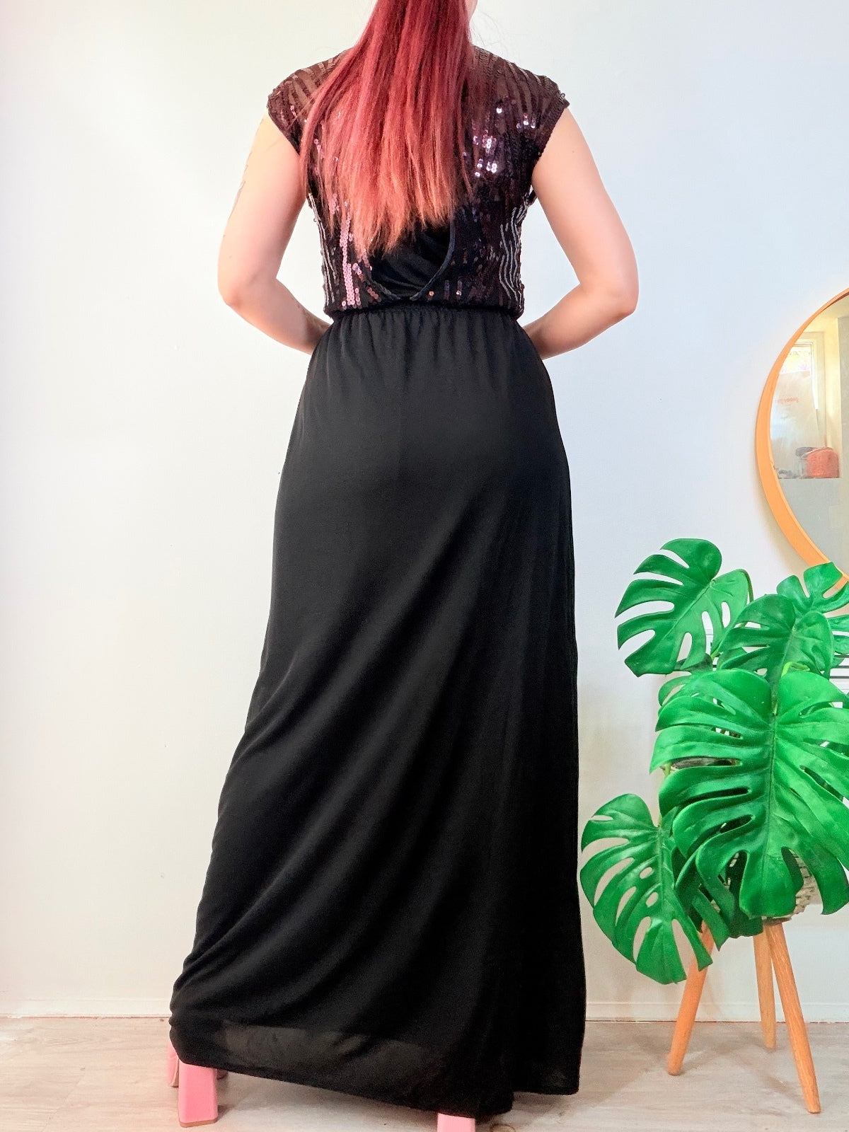 vintage 1970s Maxi Dress with Sequin Top Black disco Party Dress size 10 to 12