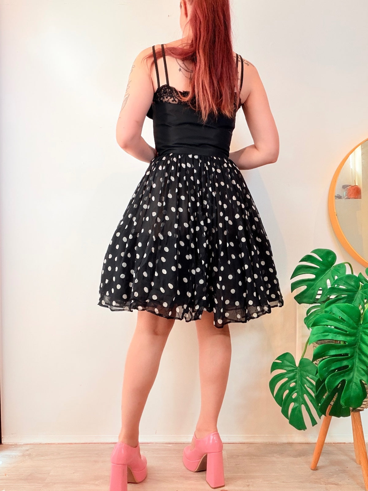 Vintage 1980s Party Dress Black Polka Dot 1950s Style Rockabilly Lace Size 8
