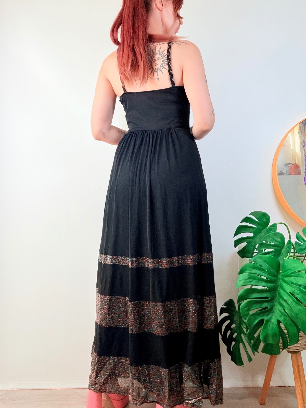 Vintage 1970s Maxi Dress Black Retro Party Dress with Glitter Stripes Size 10