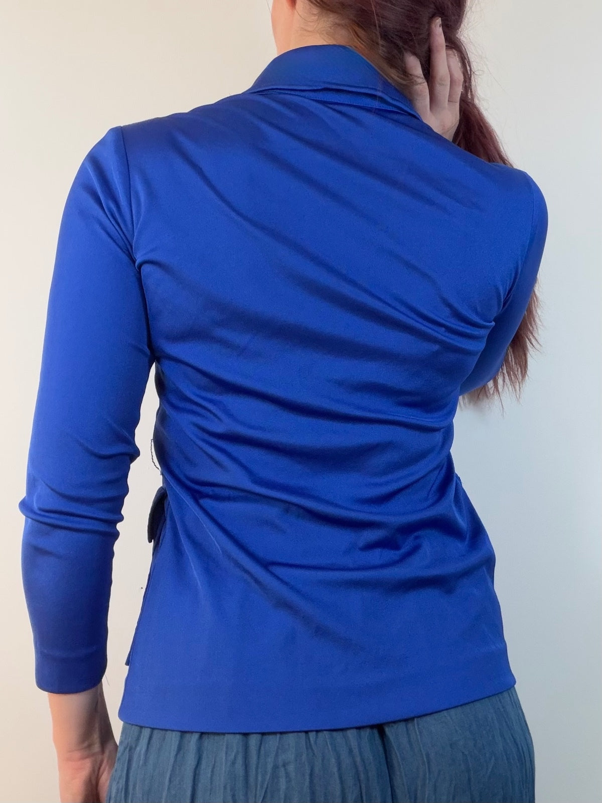 Vintage 1970s Shirt Blue Retro Blouse Blazer with Pockets Size 10