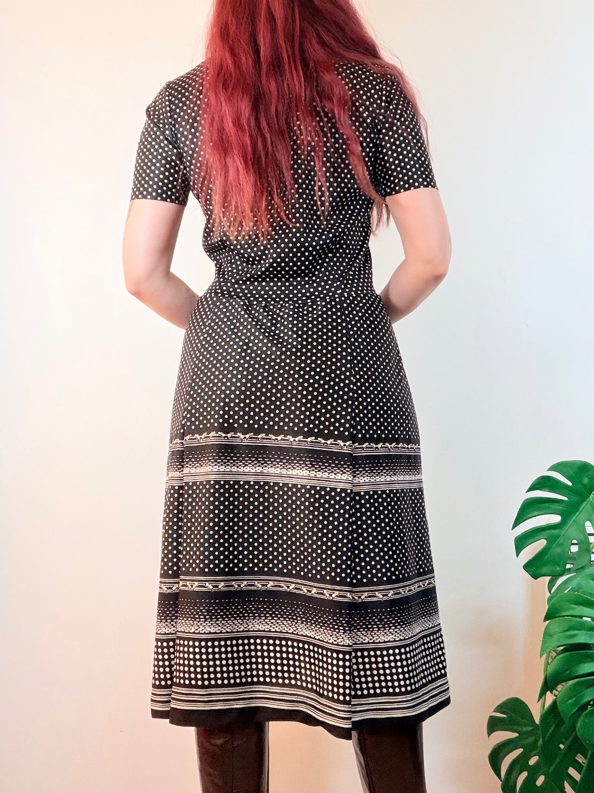 Vintage 1970s Shirt Dress Black and White Polka Dot Midi with Collar Size 14