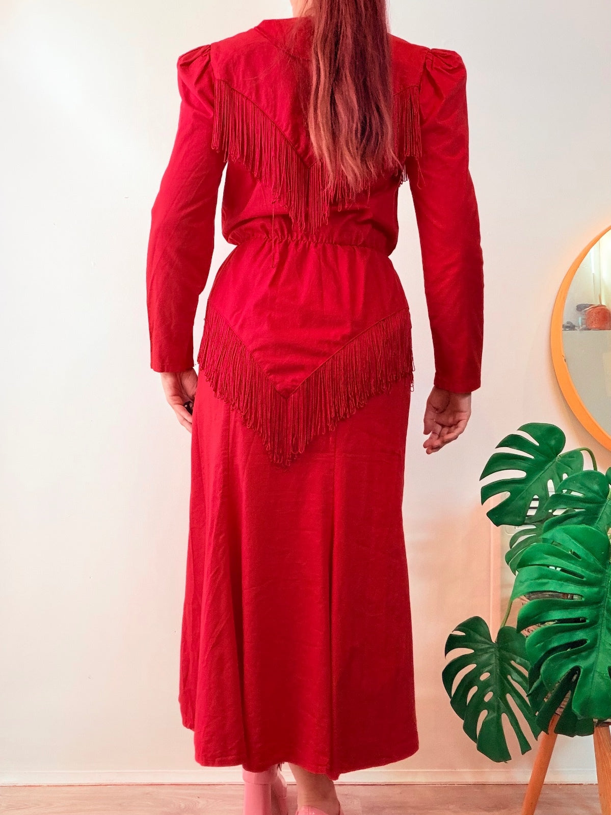 Vintage 1980s Tassel Dress Red Western Fringe Peplum Cotton long sleeve Size 12