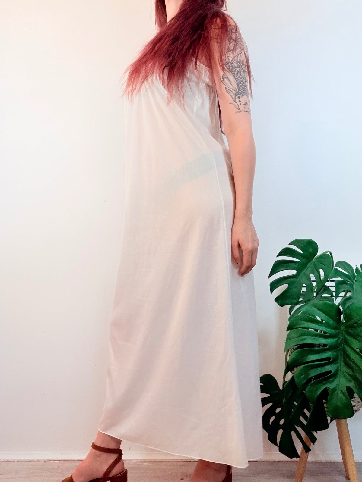 Vintage Cream Slip Dress Long Babydoll Night Dress with Delicate Lace Size 12