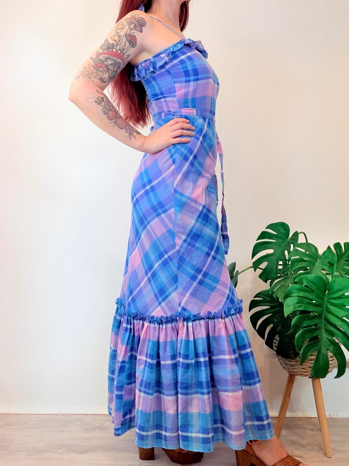 Vintage 1960s Prairie Dress Blue Pink Plaid Maxi Dress with Ruffles size 8 10