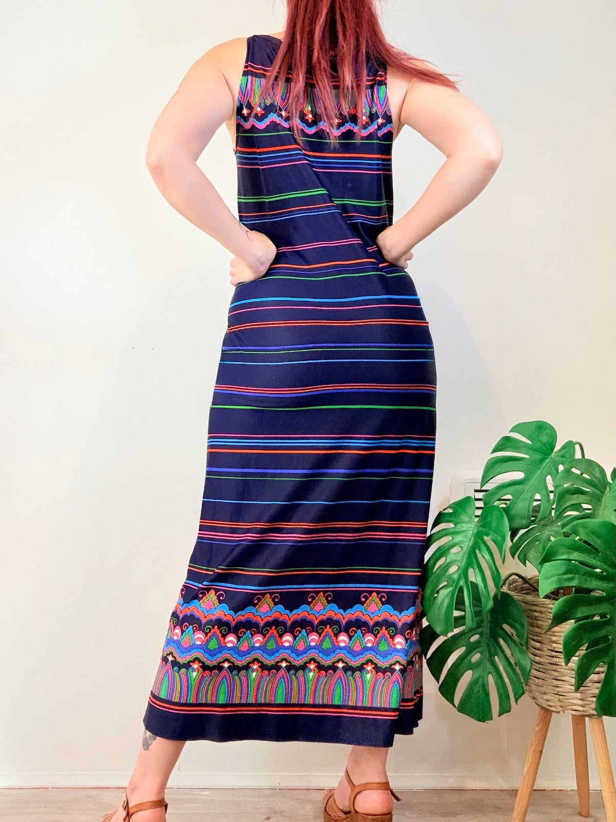 Vintage 1970s Maxi Dress Blue with Stripes and Psychedelic Pattern Size 12