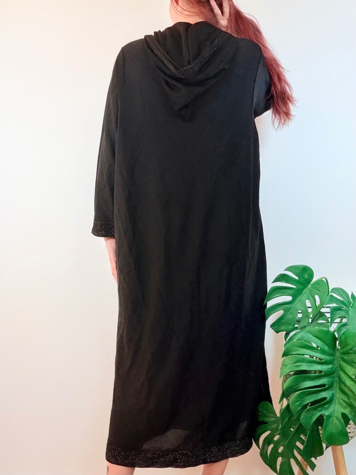 Vintage Black Hooded Kaftan Maxi Dress with Intricate Trim Size L 16 20