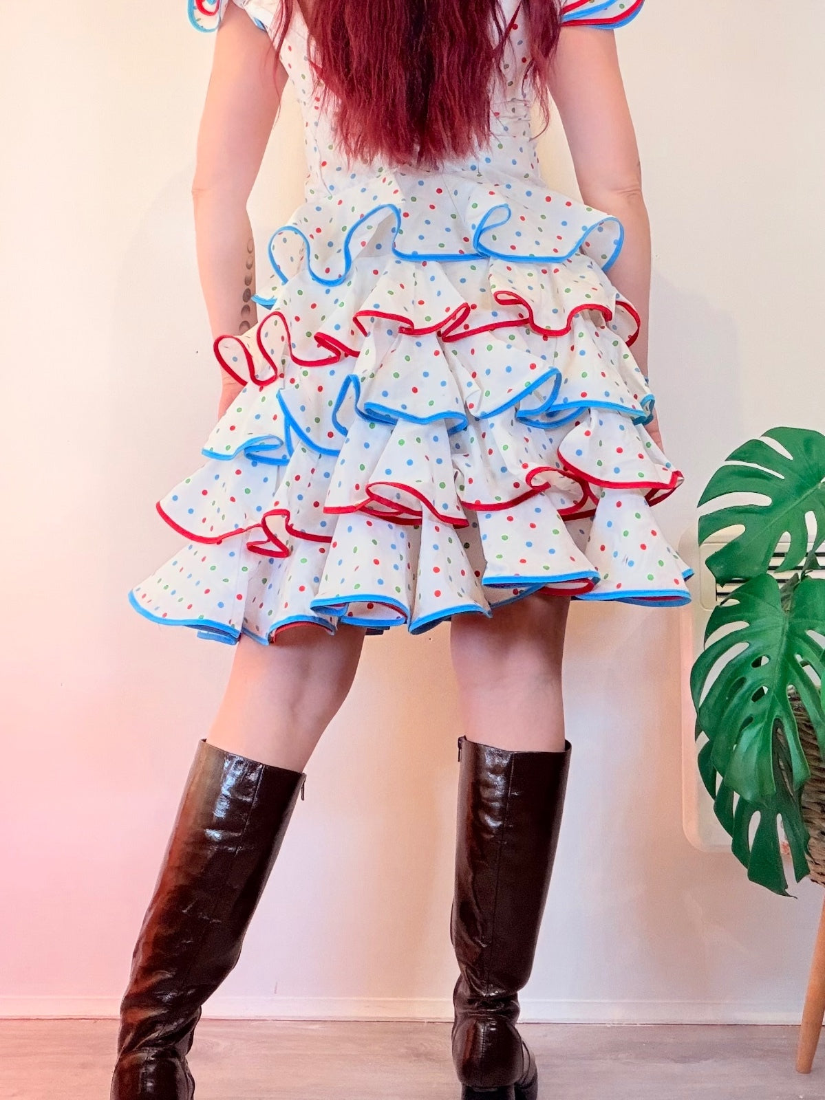 Vintage 1980s Party Dress Polka Dot Ruffled Dress with Puff Sleeves Size 6